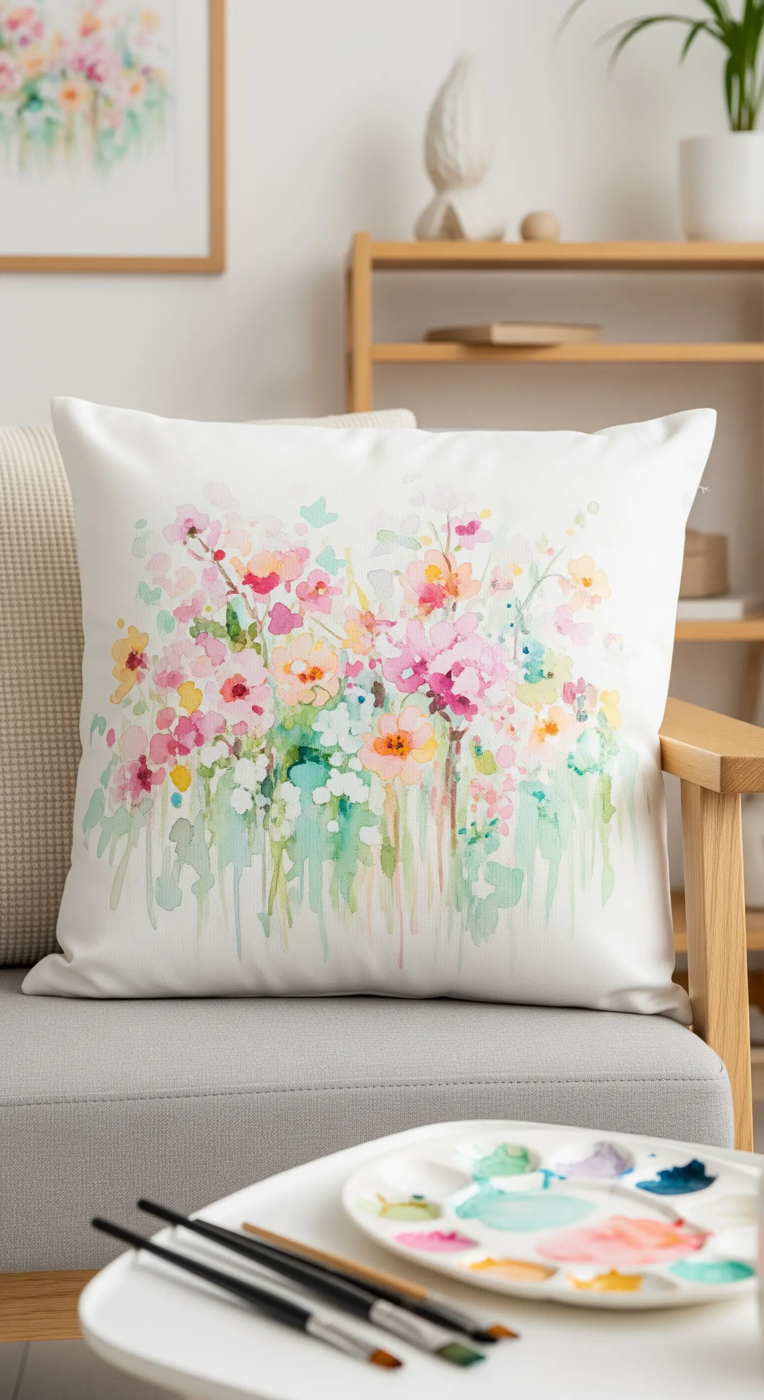 Cuscino bianco con un prato di fiori di campo dipinti in stile acquerello rosa e giallo.
