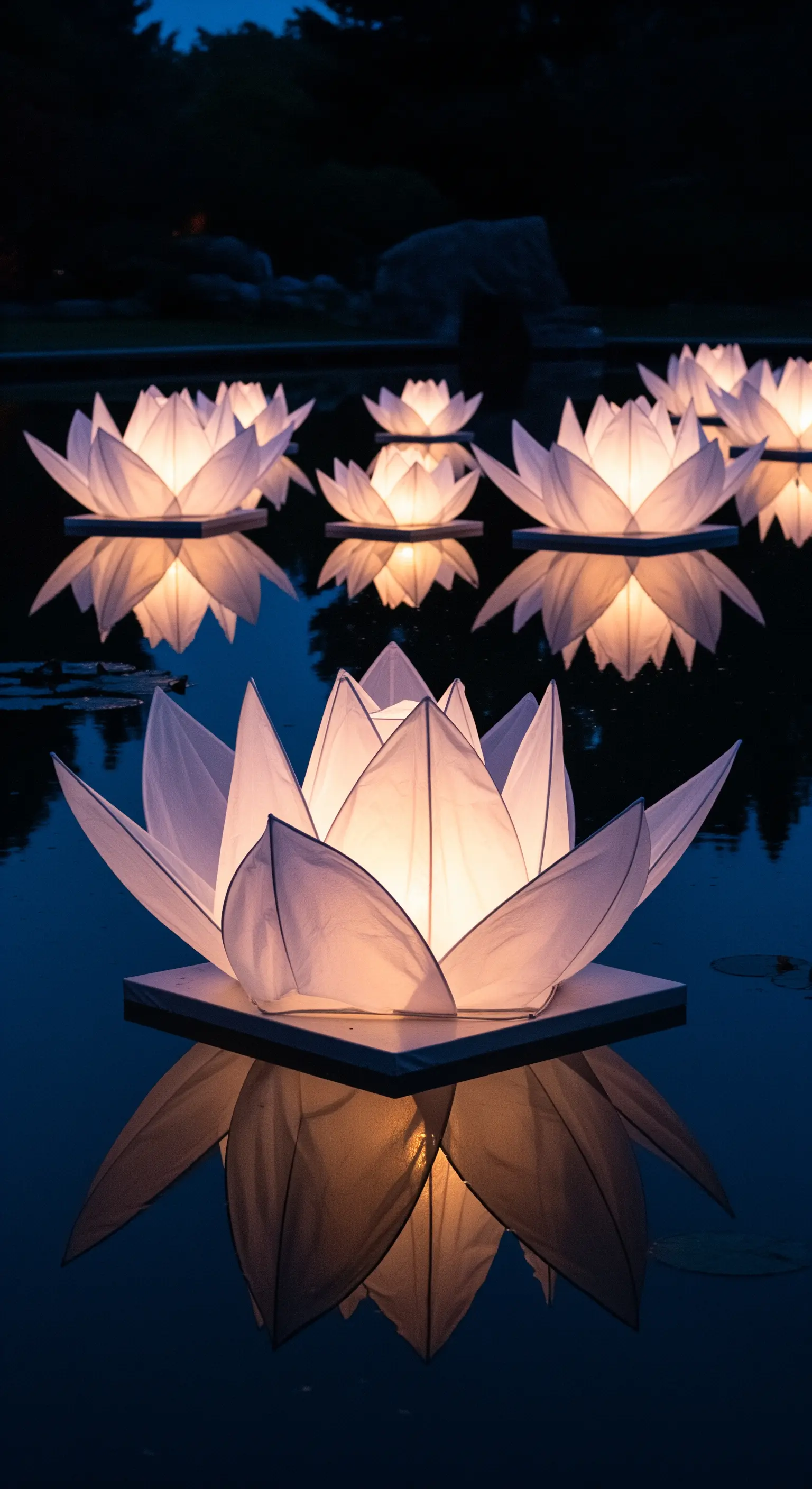 Lanterne a forma di fiore di loto bianco che galleggiano sull'acqua calma di notte, illuminate dall'interno.