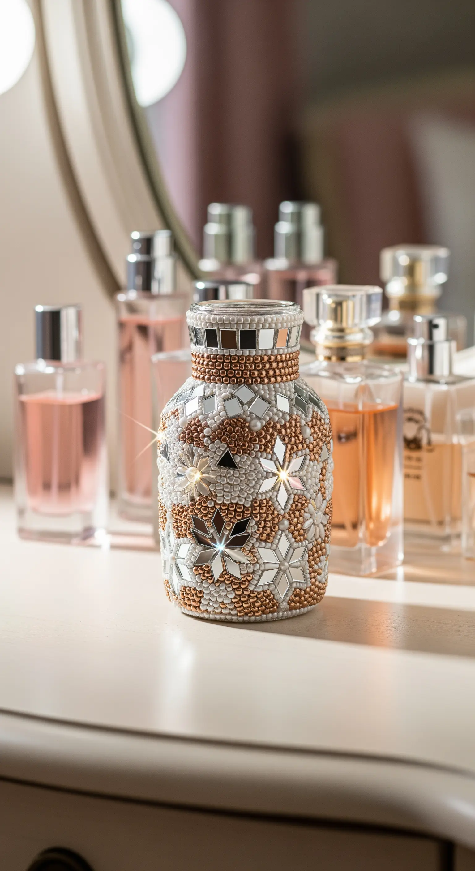 Piccolo vaso decorato con perline e un mosaico di specchi a forma di fiore, su una toeletta.