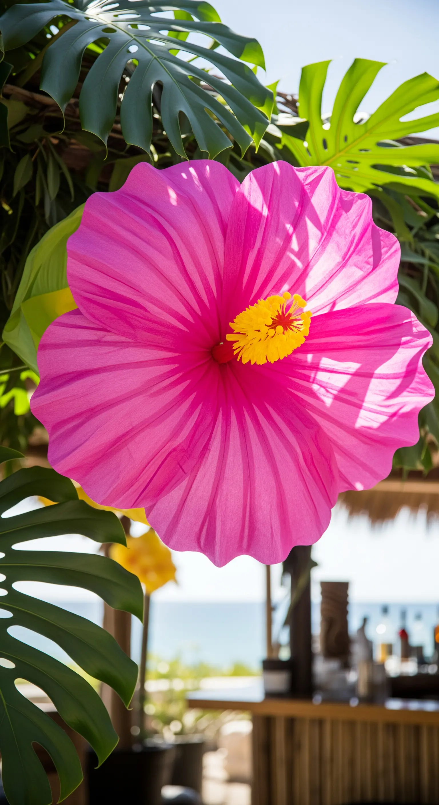 Un grande fiore di ibisco rosa realizzato in carta velina, appeso all'aperto in un contesto tropicale.