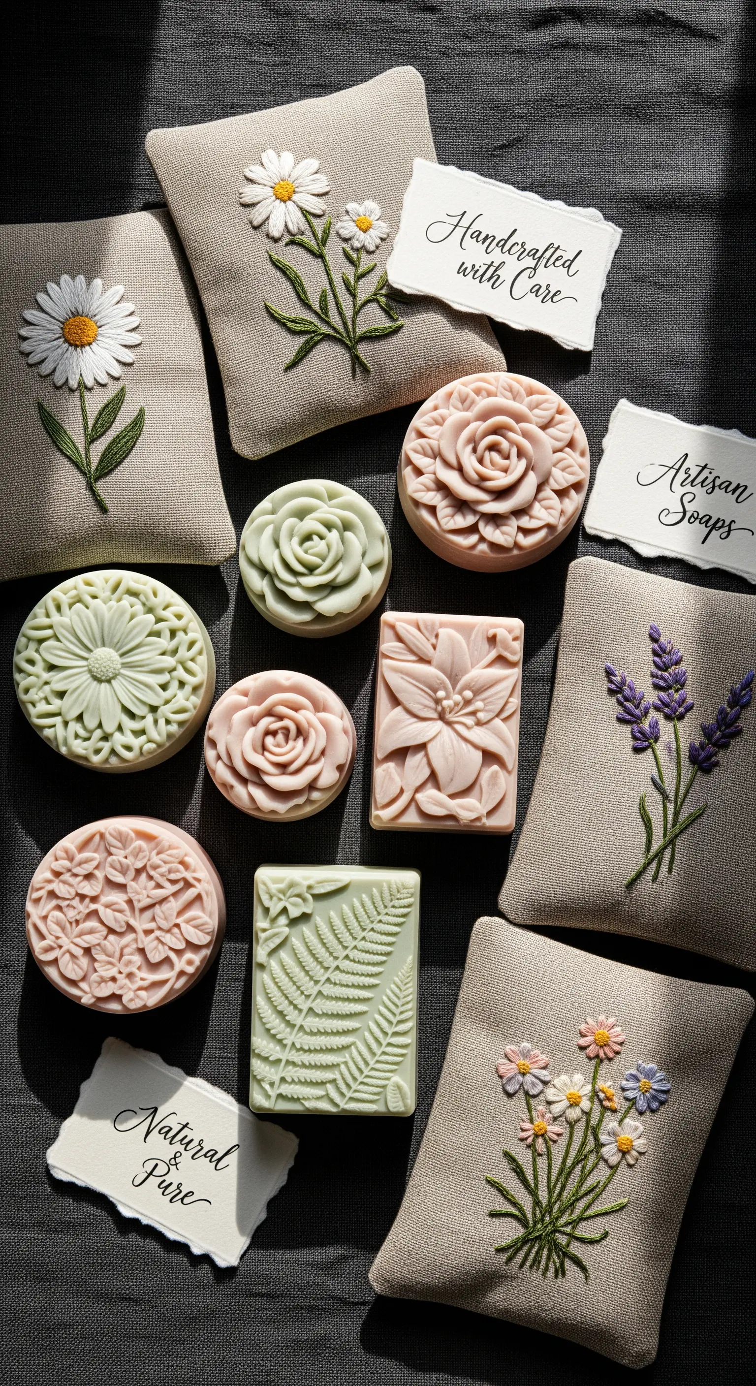 Composizione di saponi artigianali a tema floreale e sacchetti di lino ricamati a mano.