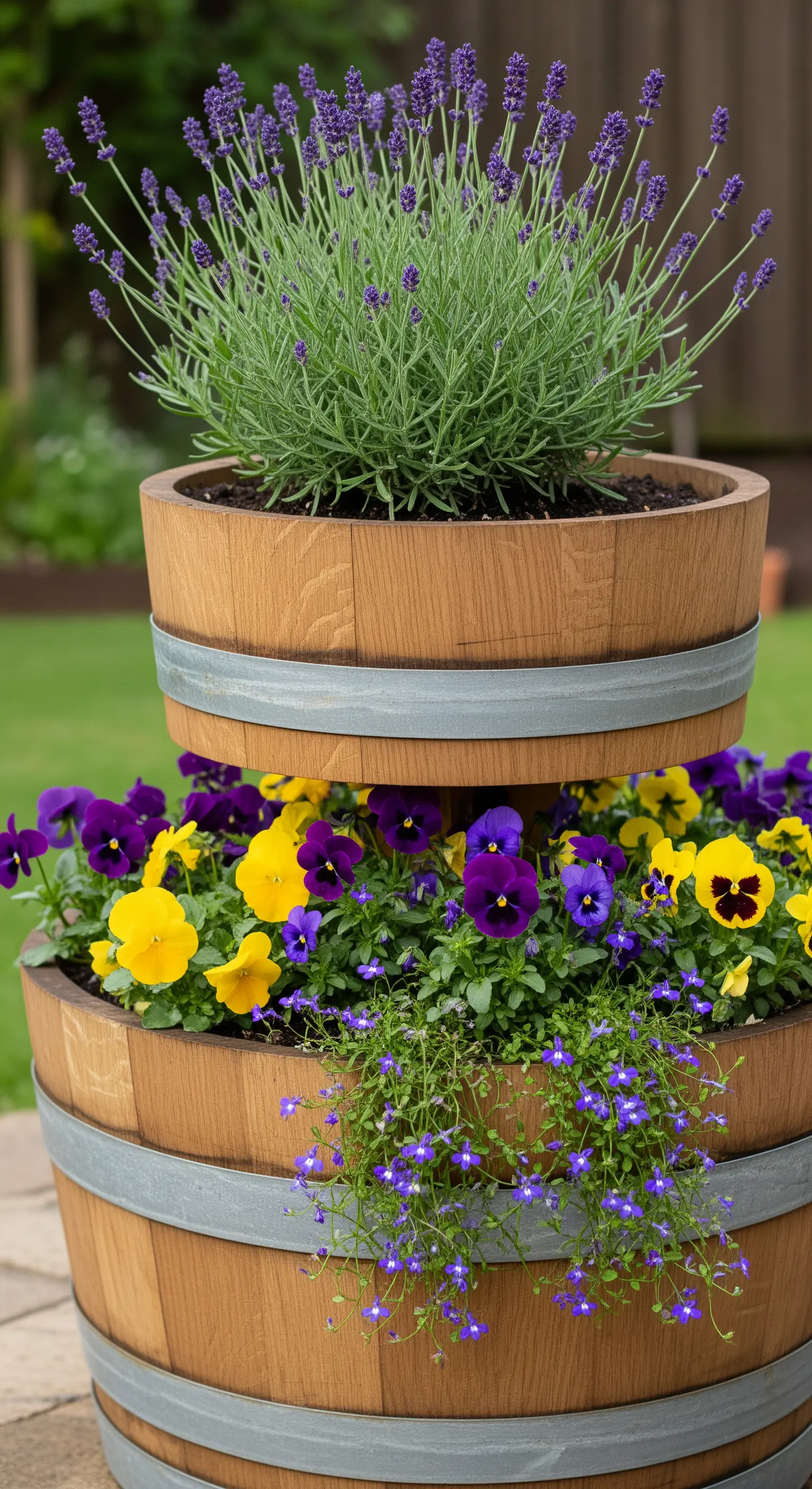 Fioriera a due livelli creata con una botte tagliata, con lavanda e viole del pensiero.