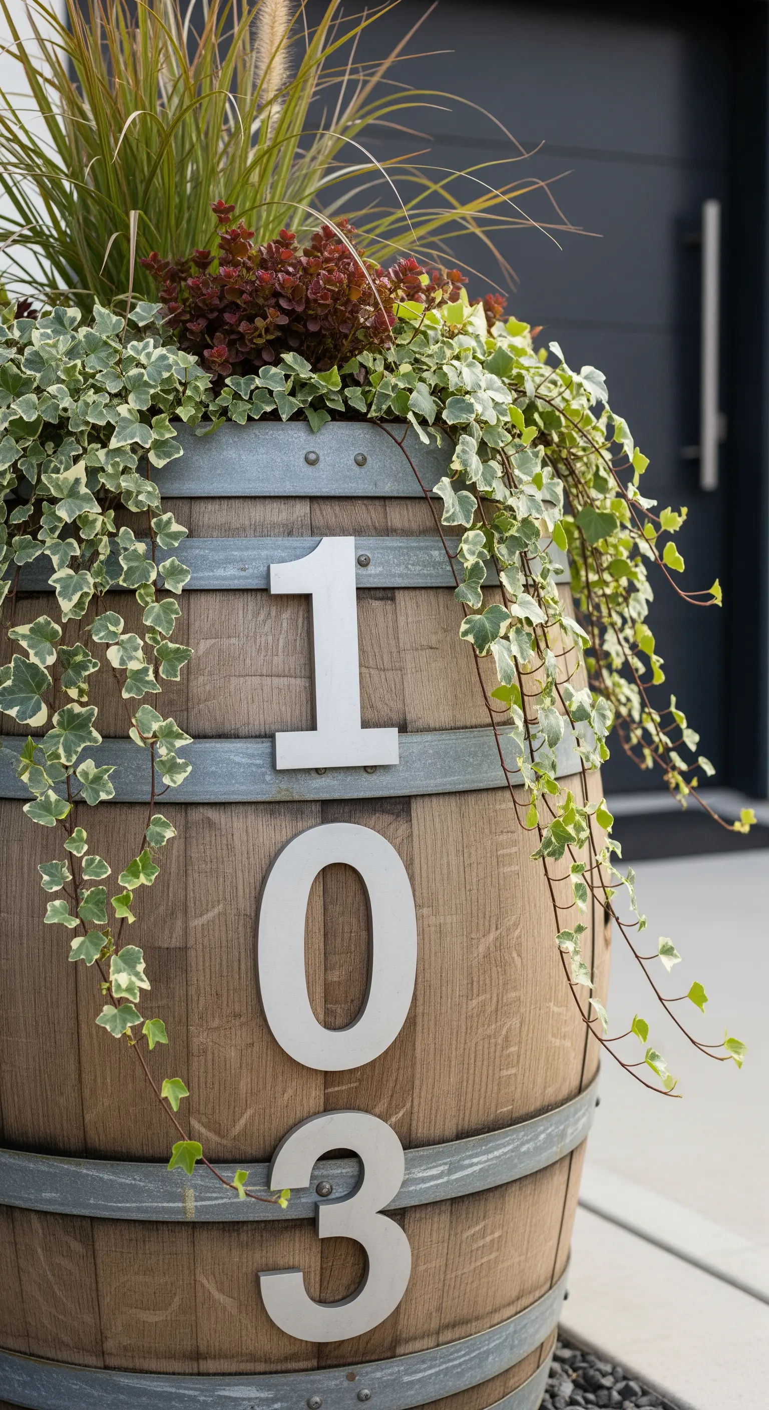 Botte di vino usata come fioriera d'ingresso con applicato il numero civico 