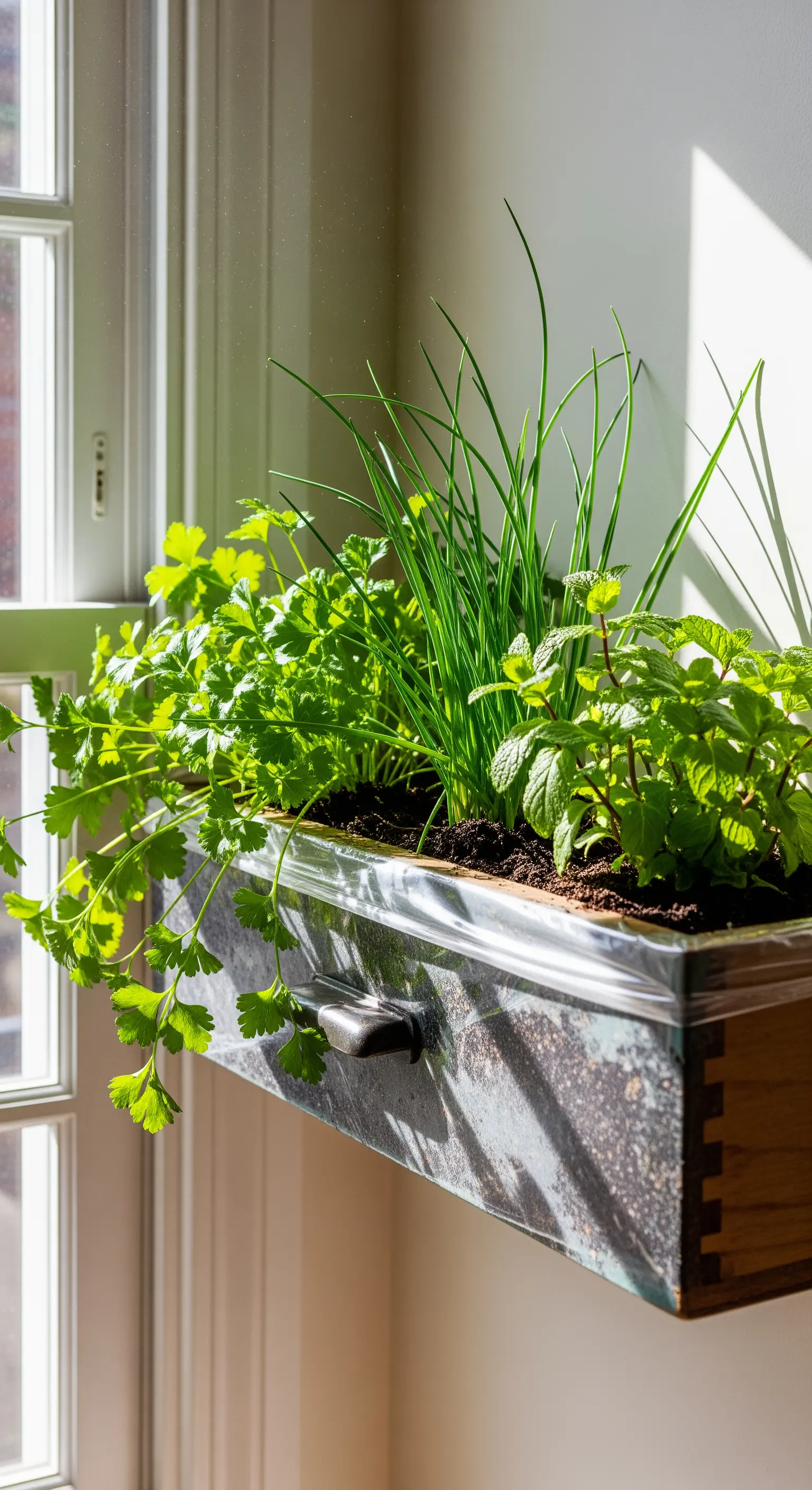 Vecchio cassetto foderato in metallo, riutilizzato come fioriera da finestra per erbe aromatiche.