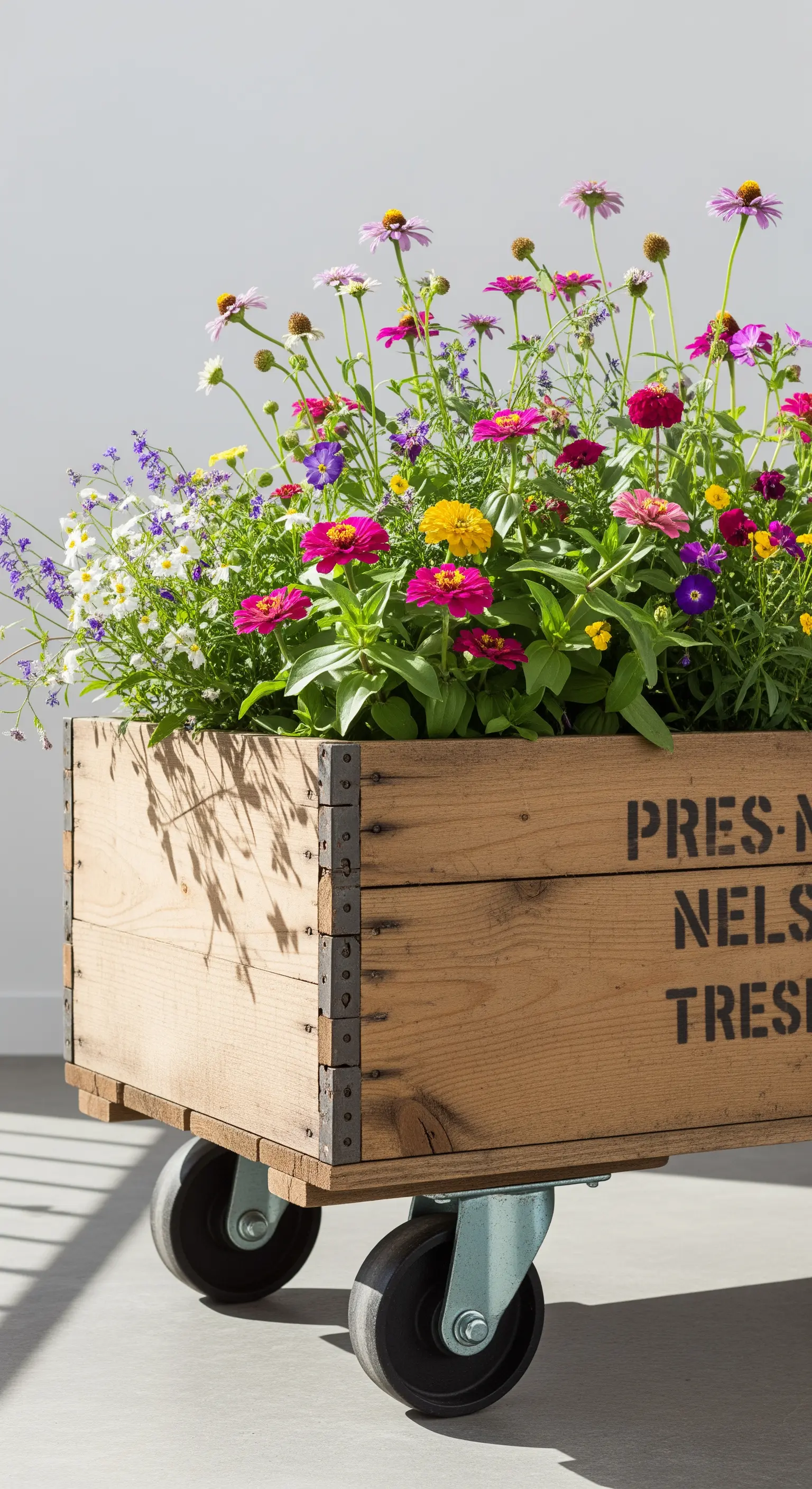 Grande cassetta di legno con scritte nere e ruote, riempita di fiori di campo colorati.