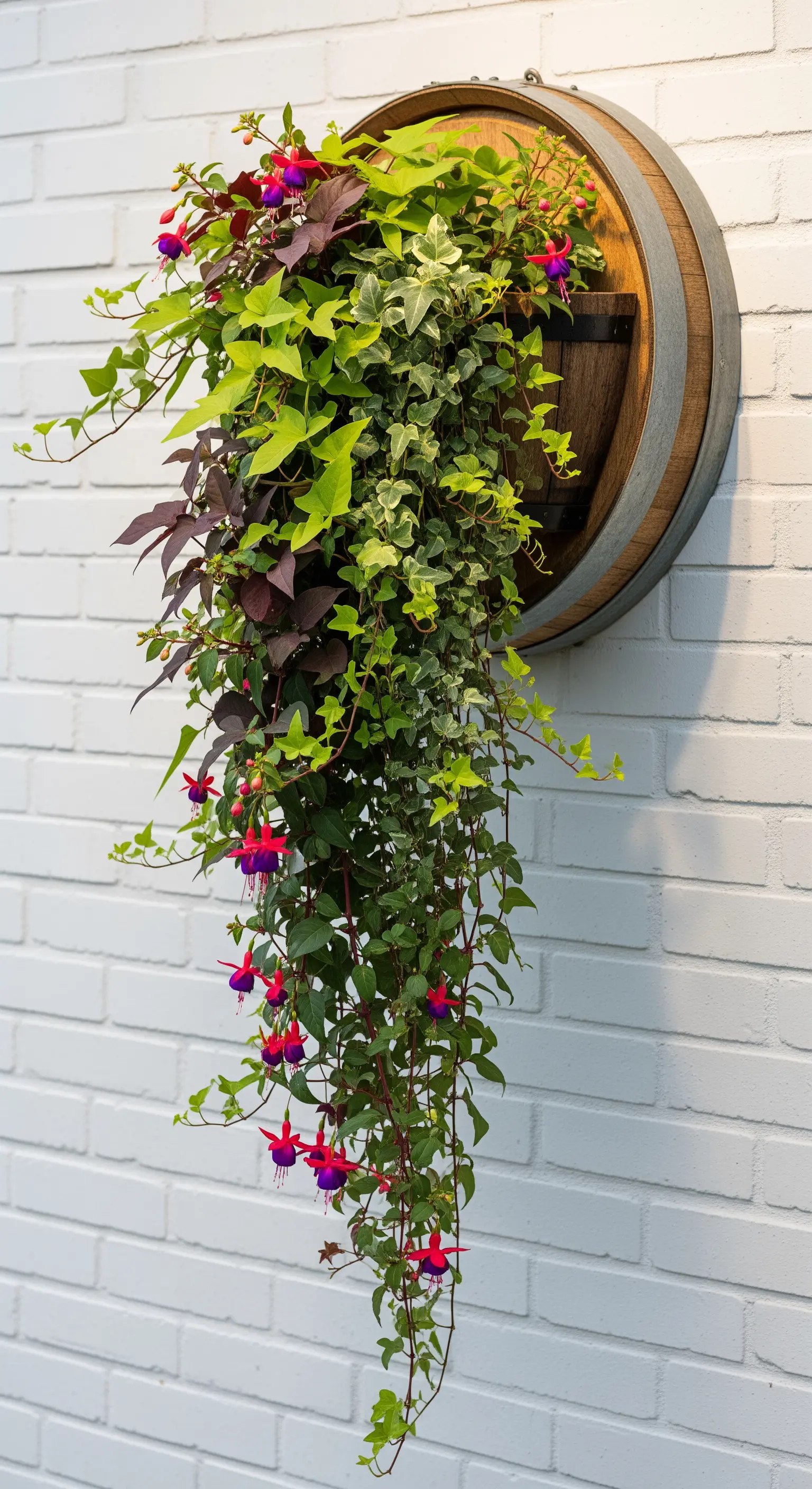 Mezza botte di vino montata a parete come fioriera a cascata con edera e fucsie.