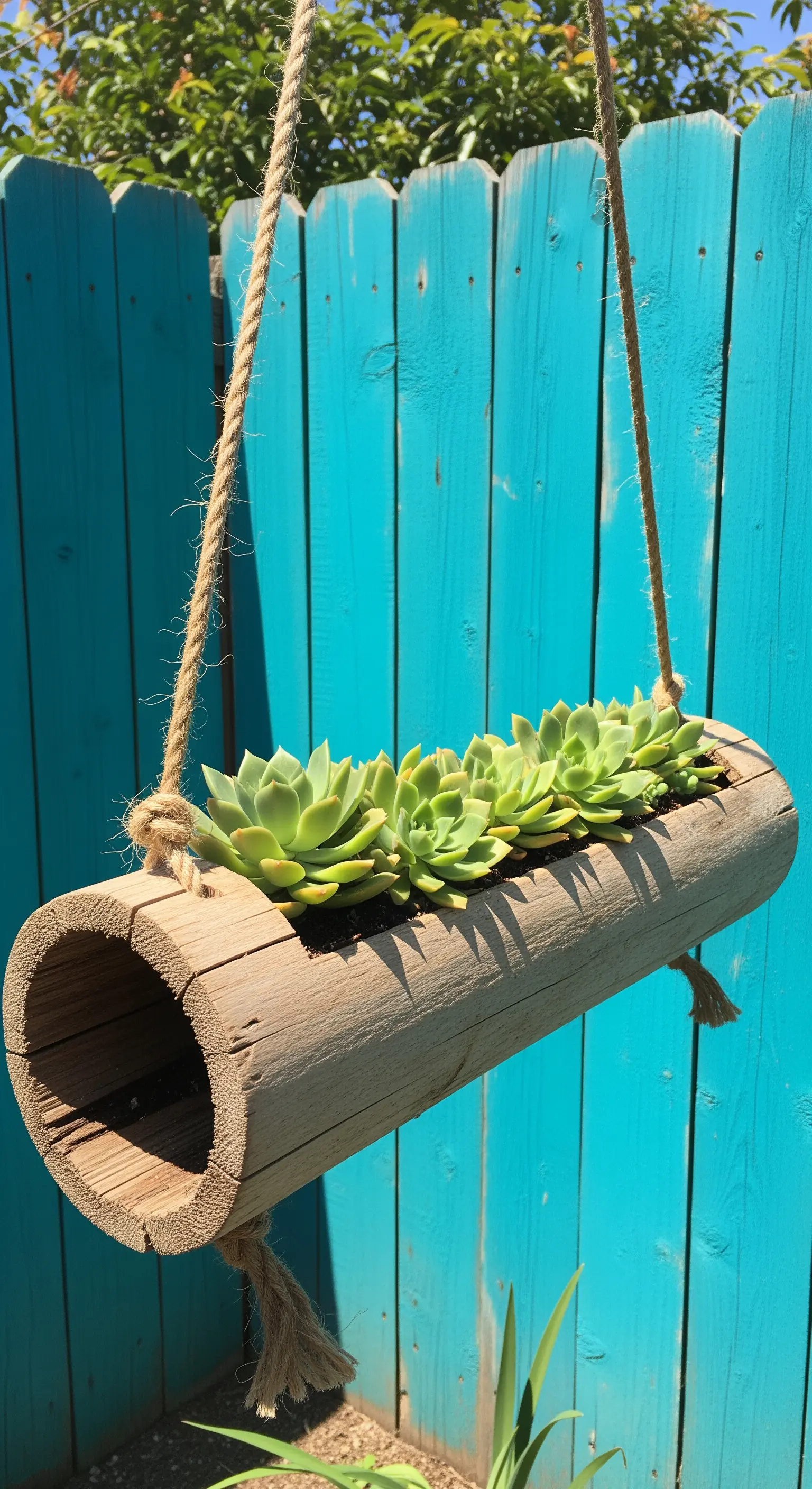 Un tronco cavo appeso con corde di iuta funge da fioriera per piante grasse.