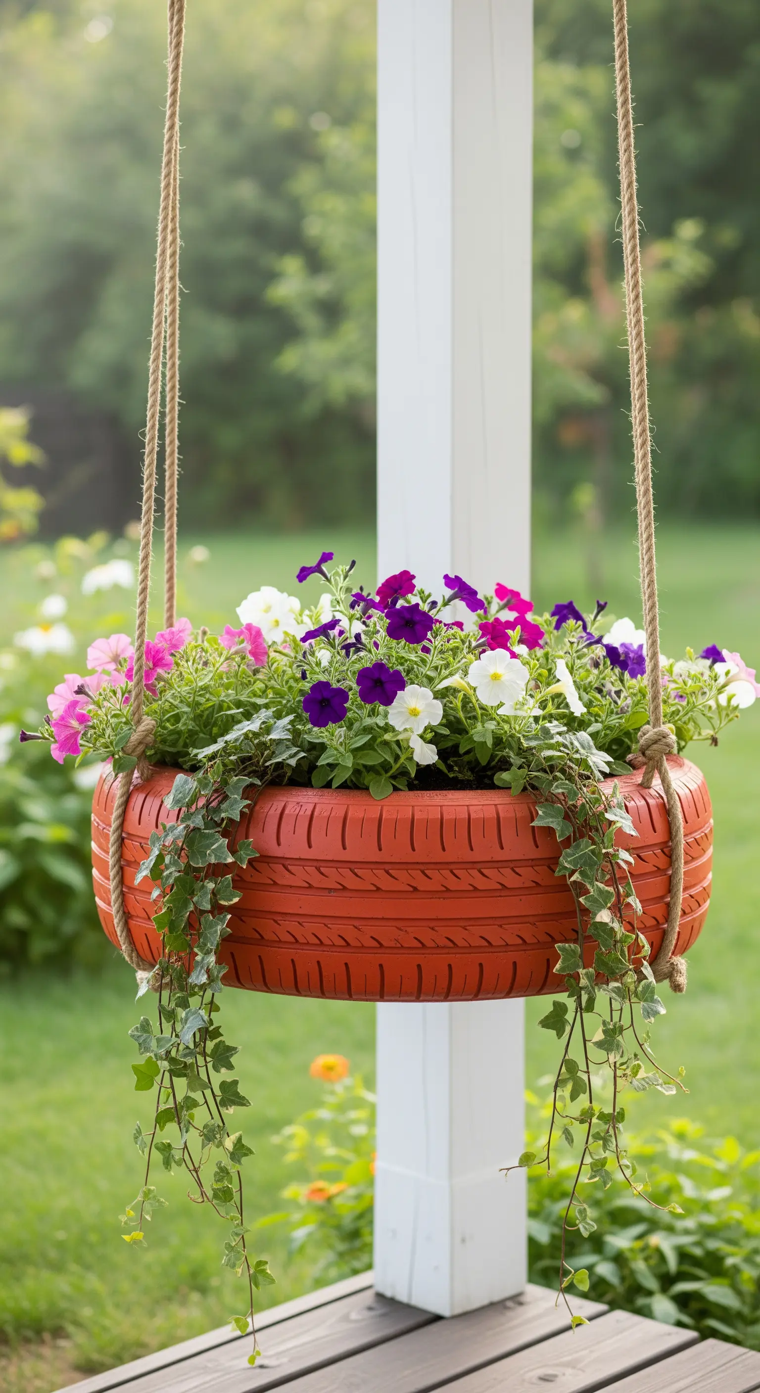 Pneumatico color terracotta usato come fioriera sospesa, pieno di petunie e edera.