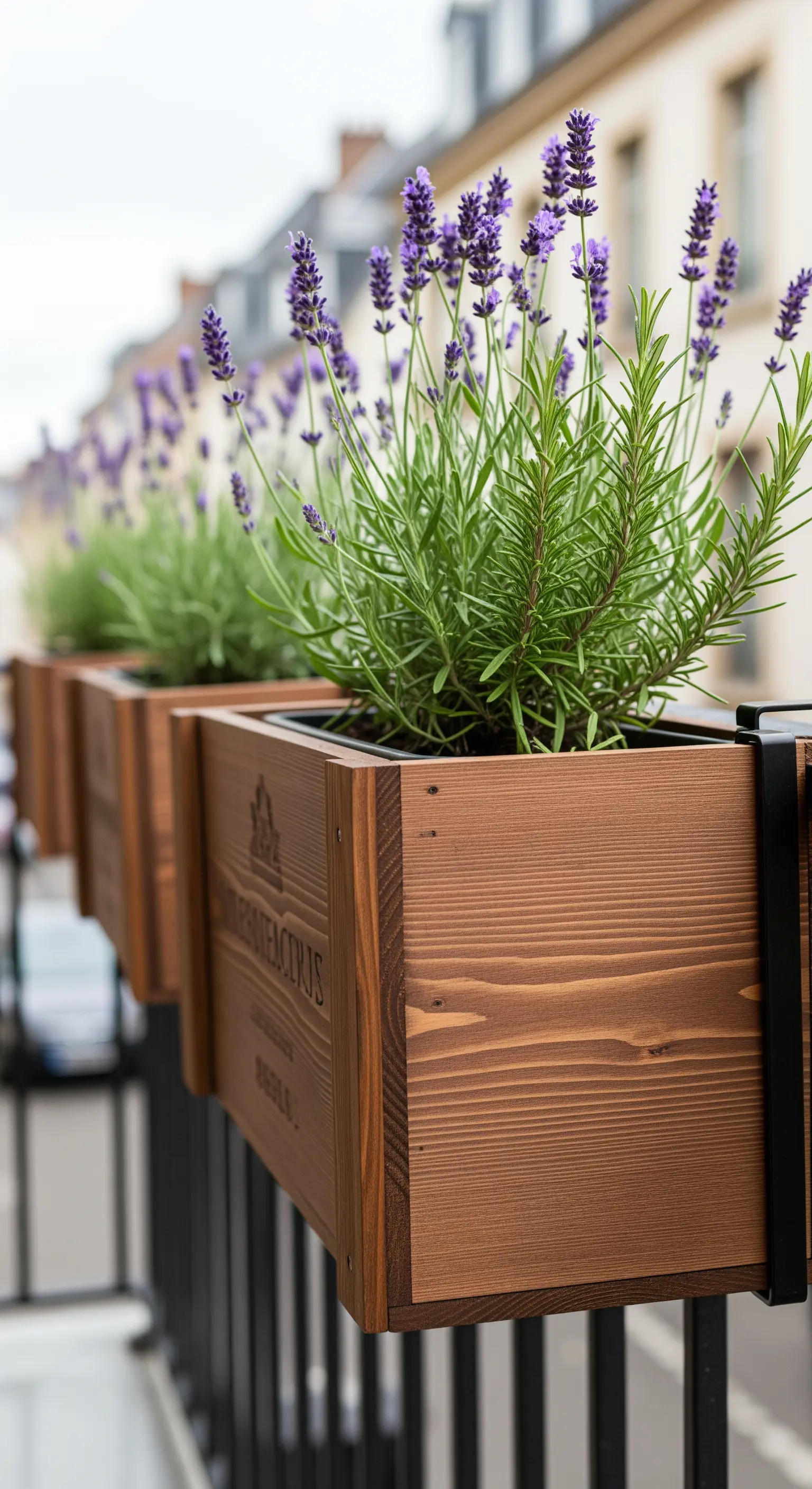 Fioriere realizzate con cassette di legno per il vino, appese a una ringhiera e piene di lavanda.
