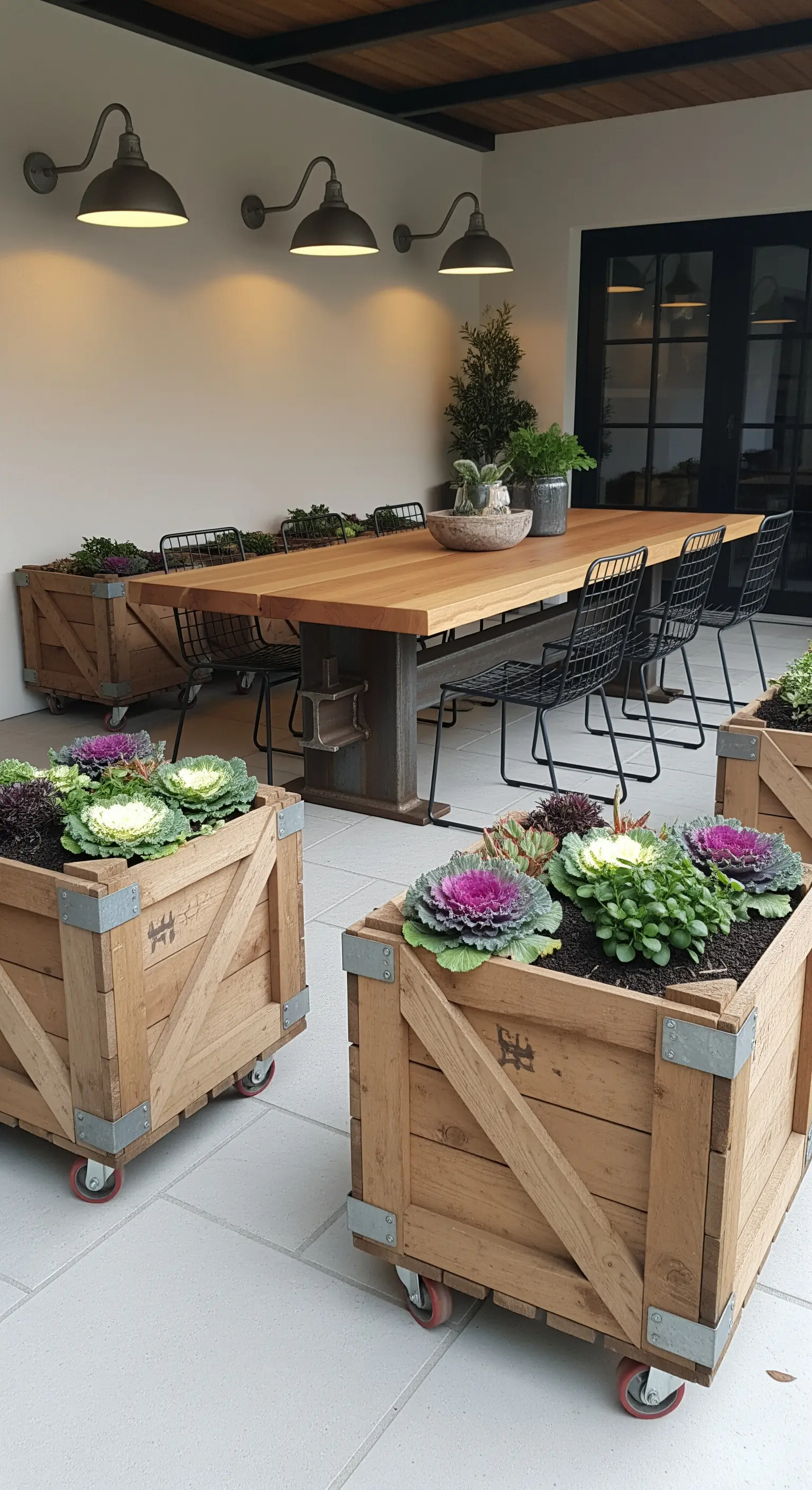 Grandi fioriere in cassette di legno con ruote industriali e angolari in metallo