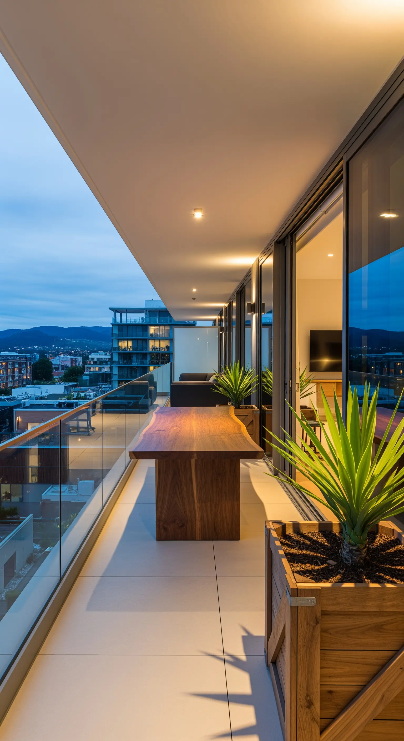 Balcone moderno con un tavolo in legno massiccio e grandi fioriere squadrate in legno