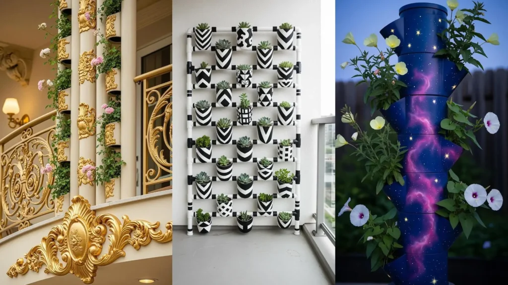 Tre fioriere verticali creative per balconi minuscoli, realizzate con tubi PVC dipinti a mano e piante.