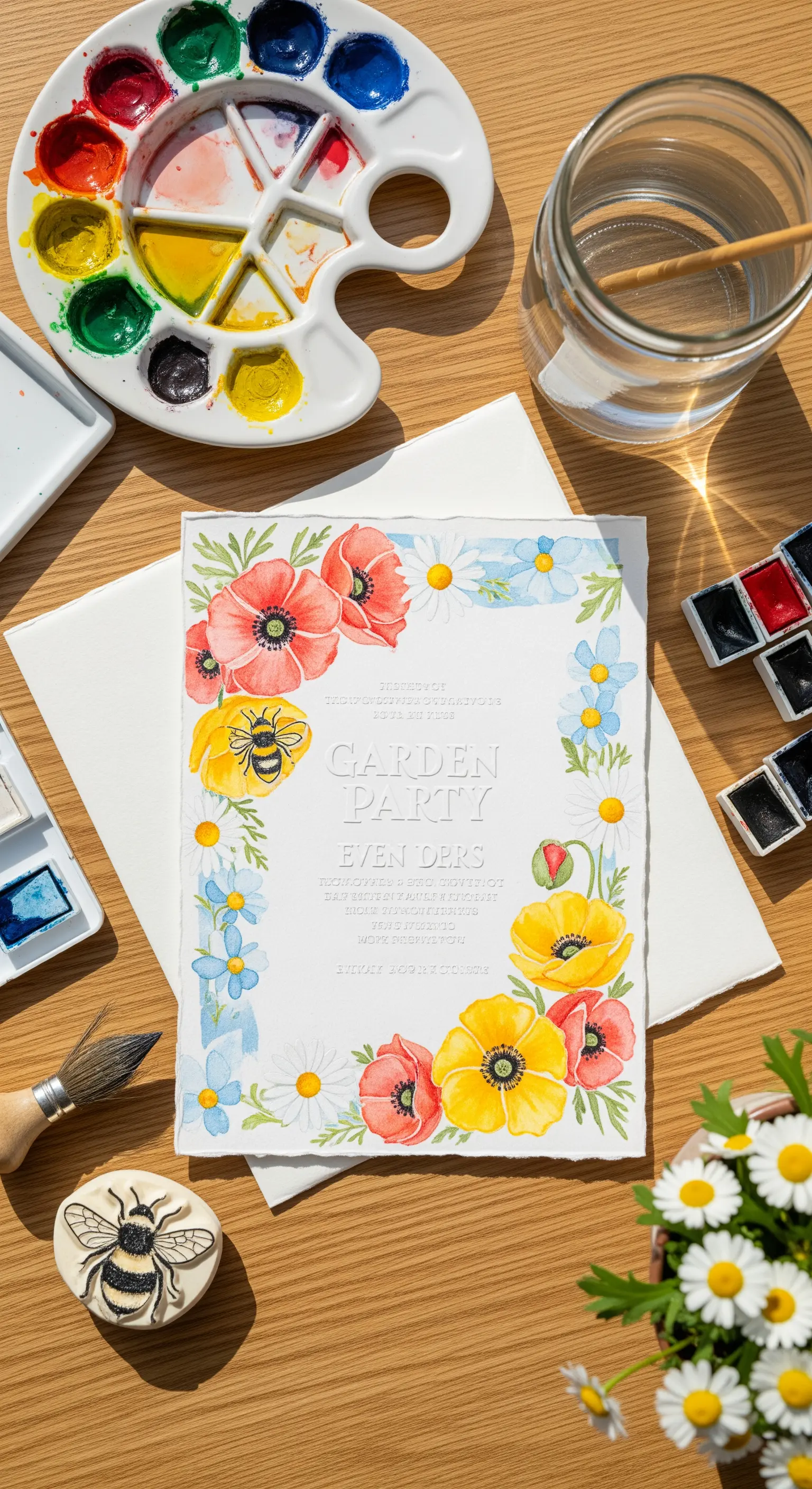 Invito per un garden party con cornice di papaveri e margherite dipinti ad acquerello.