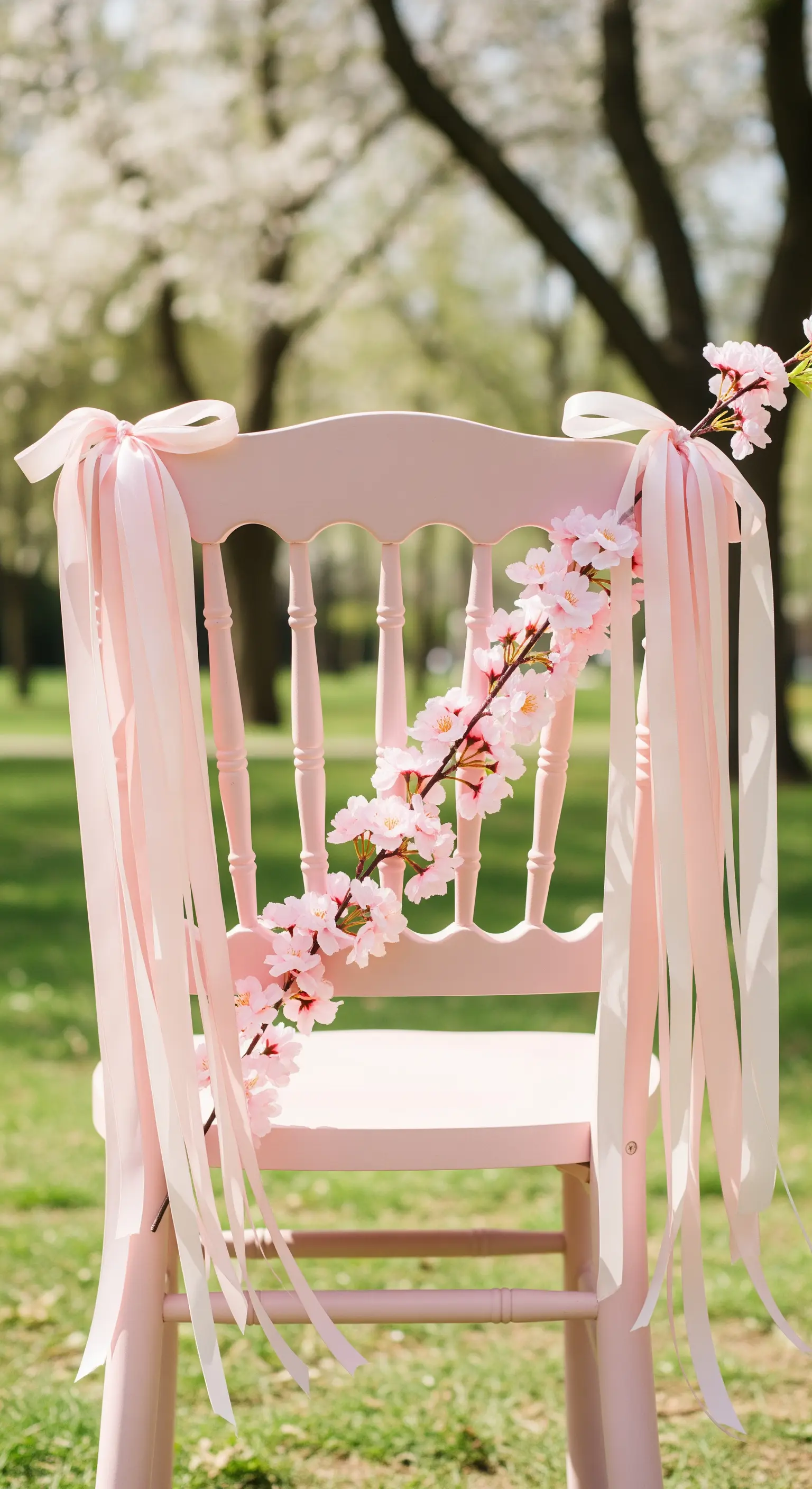 Sedia rosa decorata con nastri rosa e un ramo di fiori di ciliegio in fiore.