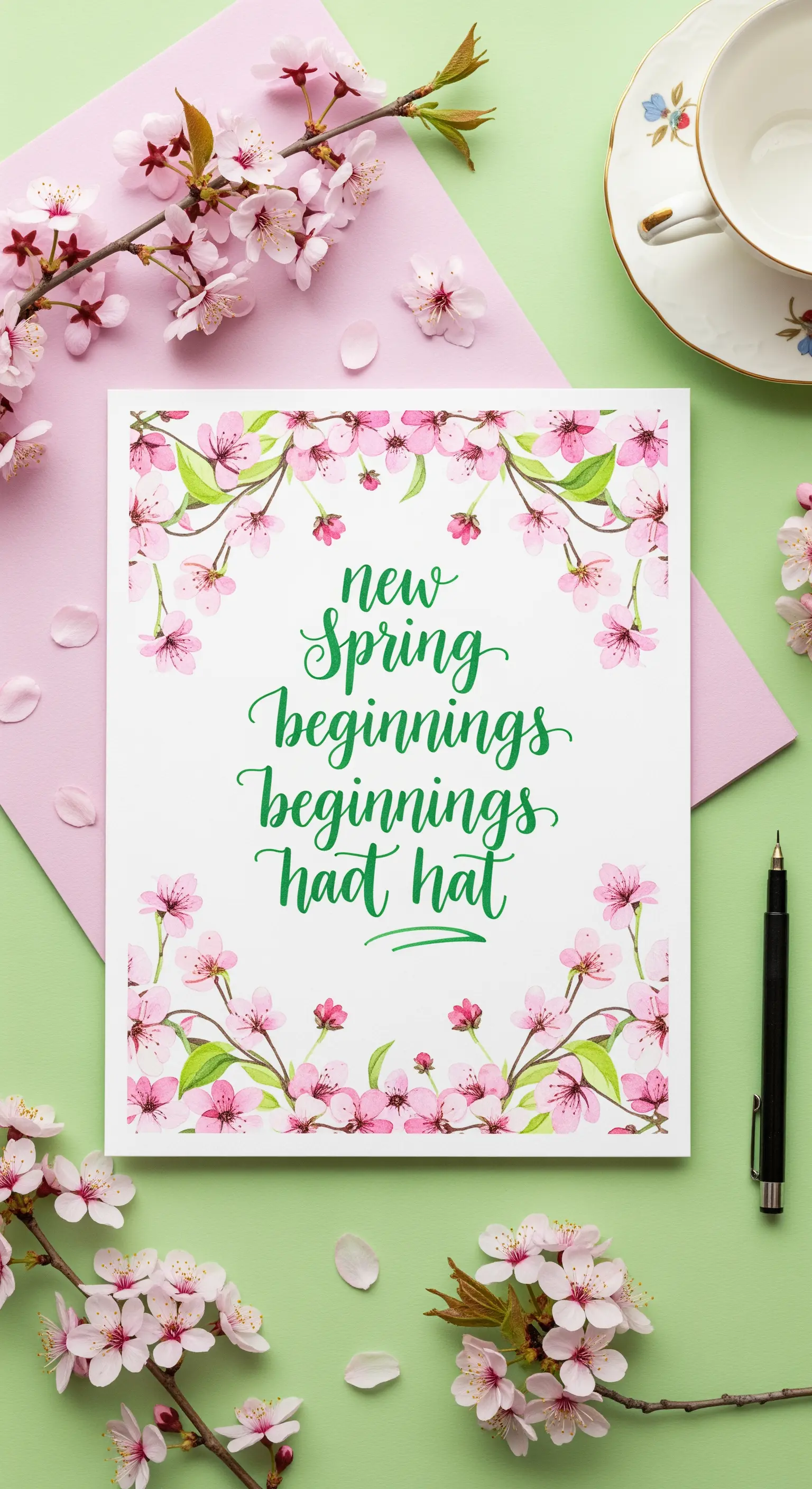 Quadro con calligrafia verde circondata da una cornice dipinta di fiori di ciliegio rosa.