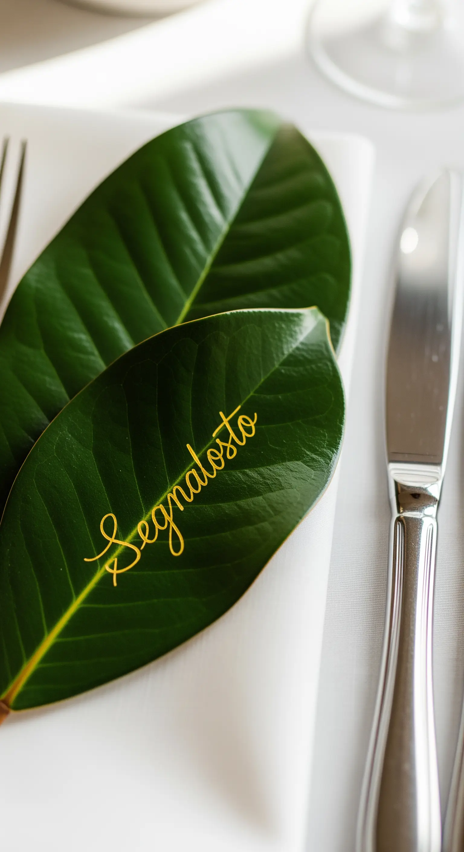 Nome calligrafato in oro su una grande foglia verde lucida, appoggiata su un tovagliolo bianco.