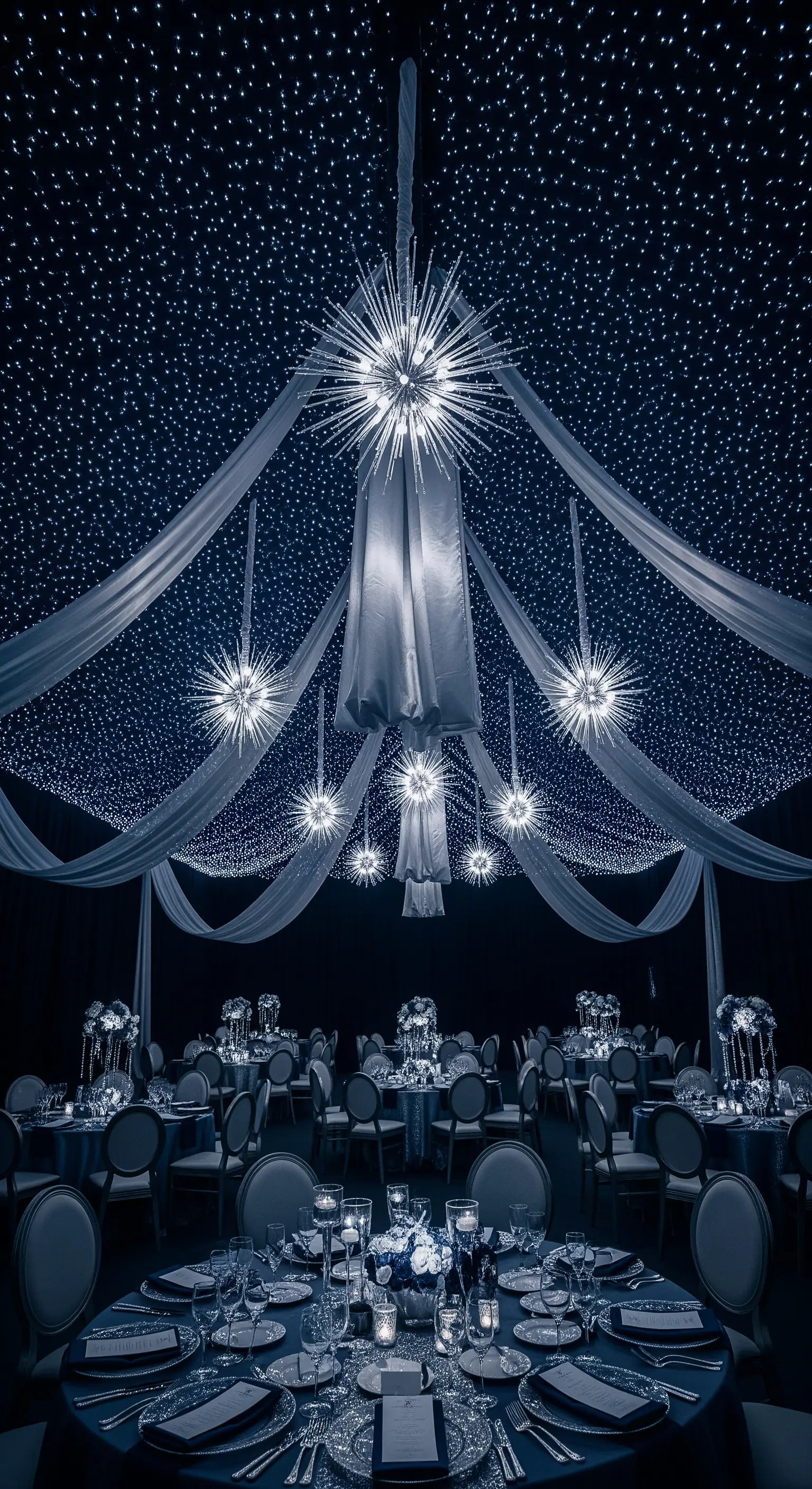 Allestimento a tema notte stellata con soffitto blu, lucine e chandelier a forma di stella.