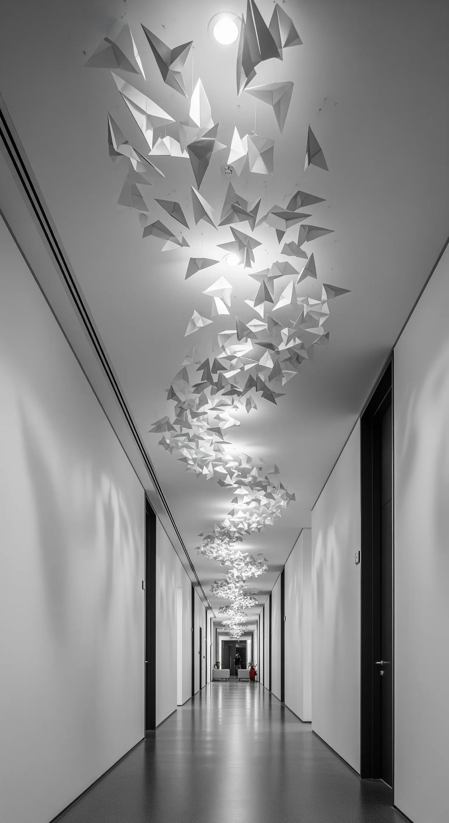 Installazione a soffitto con forme geometriche di carta bianca lungo un corridoio.