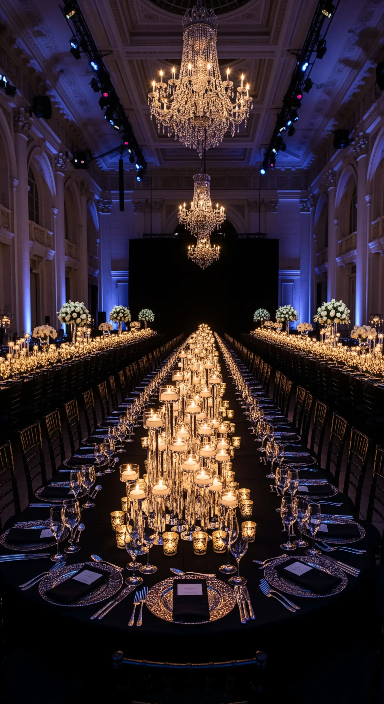 Lungo tavolo imperiale nero illuminato da centinaia di candele per un evento di gala.