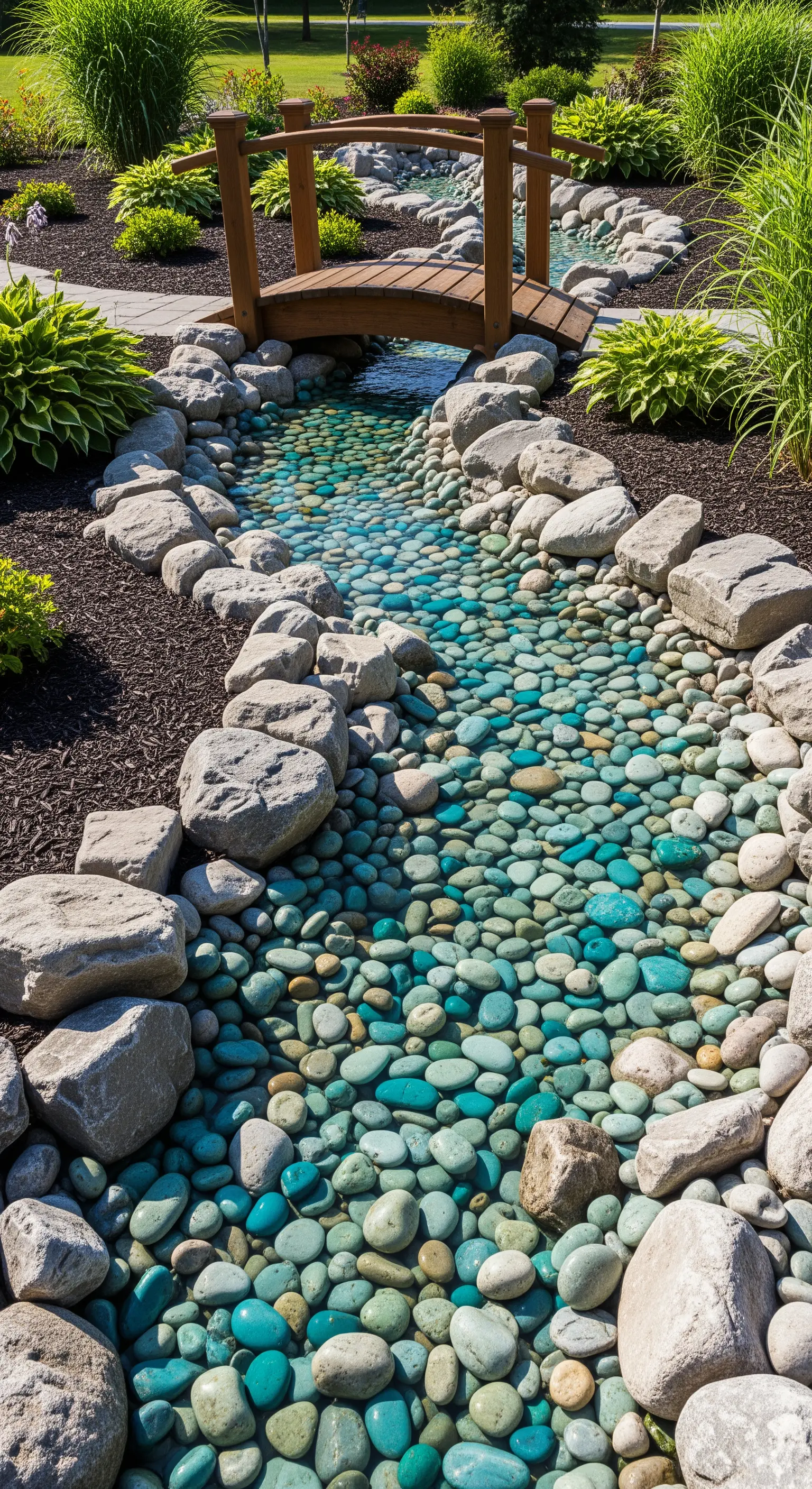 Fiume secco realizzato con ciottoli turchesi e grigi che scorre sotto un piccolo ponte di legno.