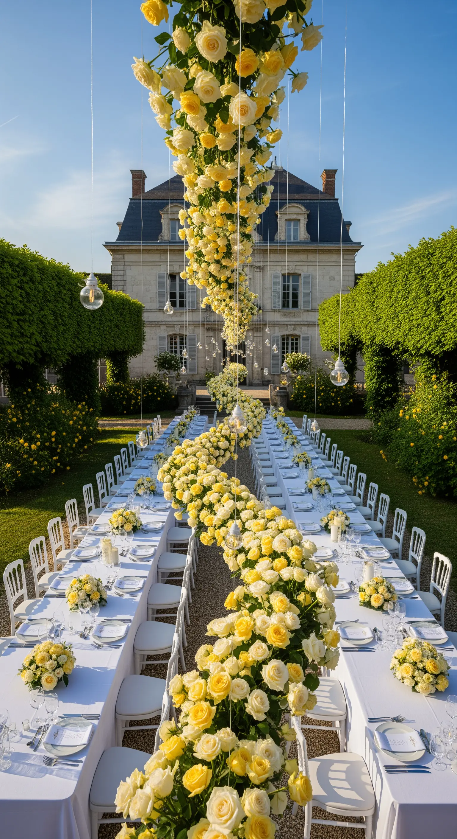 Una lunga installazione floreale a forma di serpente, composta da rose gialle, sospesa su un tavolo.