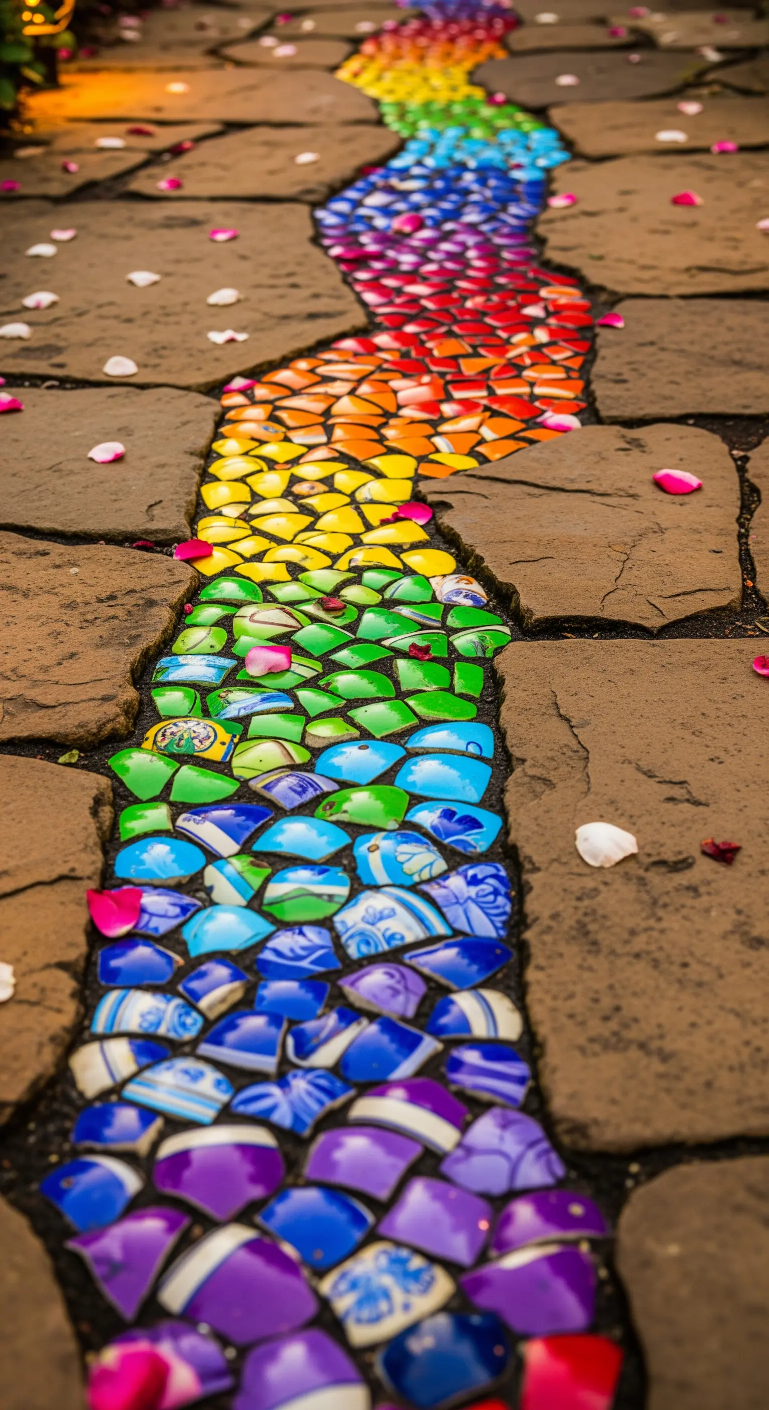 Fessura tra le pietre di un sentiero riempita con un mosaico arcobaleno di ceramiche rotte.