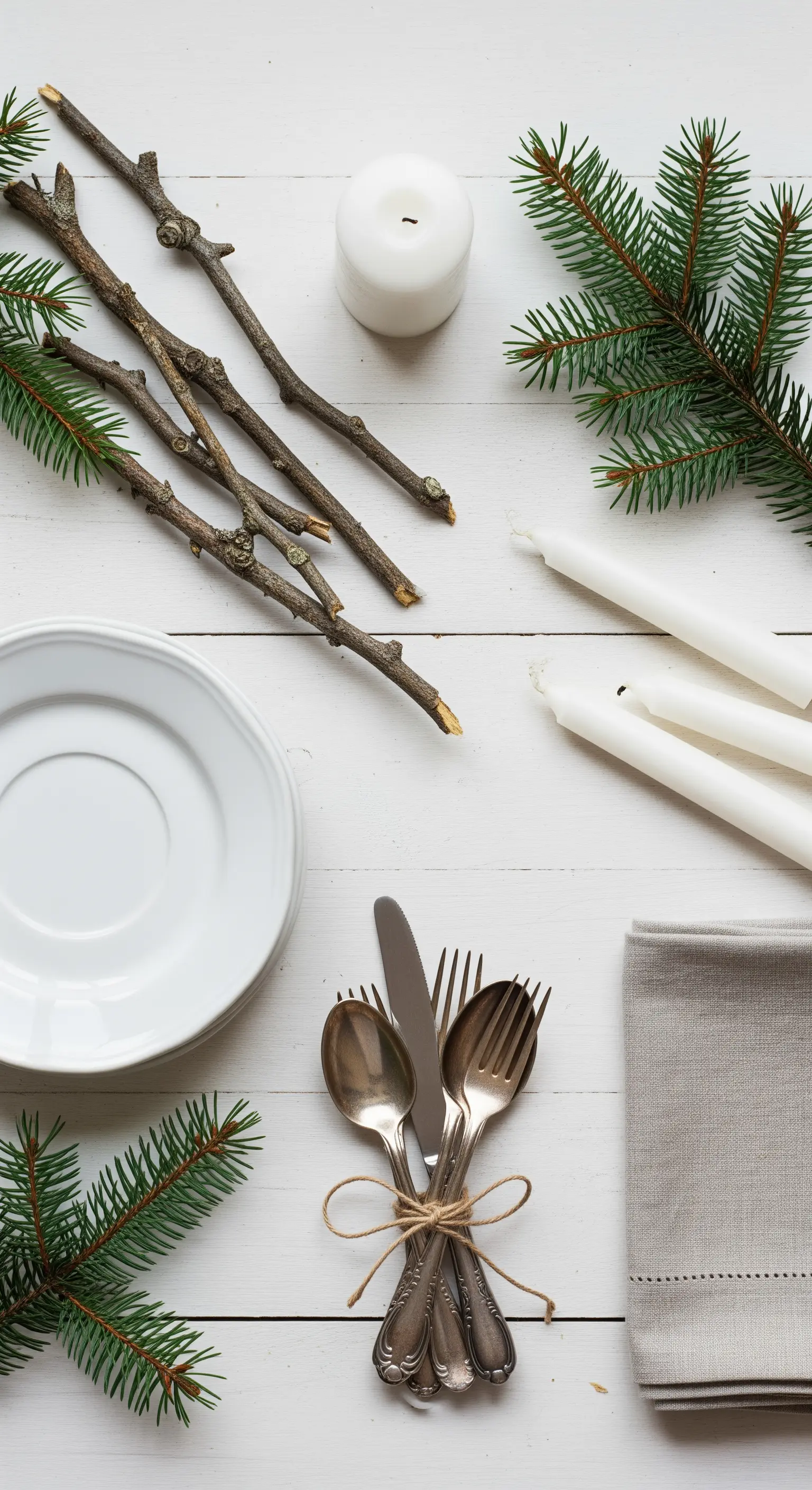 Composizione di elementi natalizi su fondo bianco: rami, candele e posate.