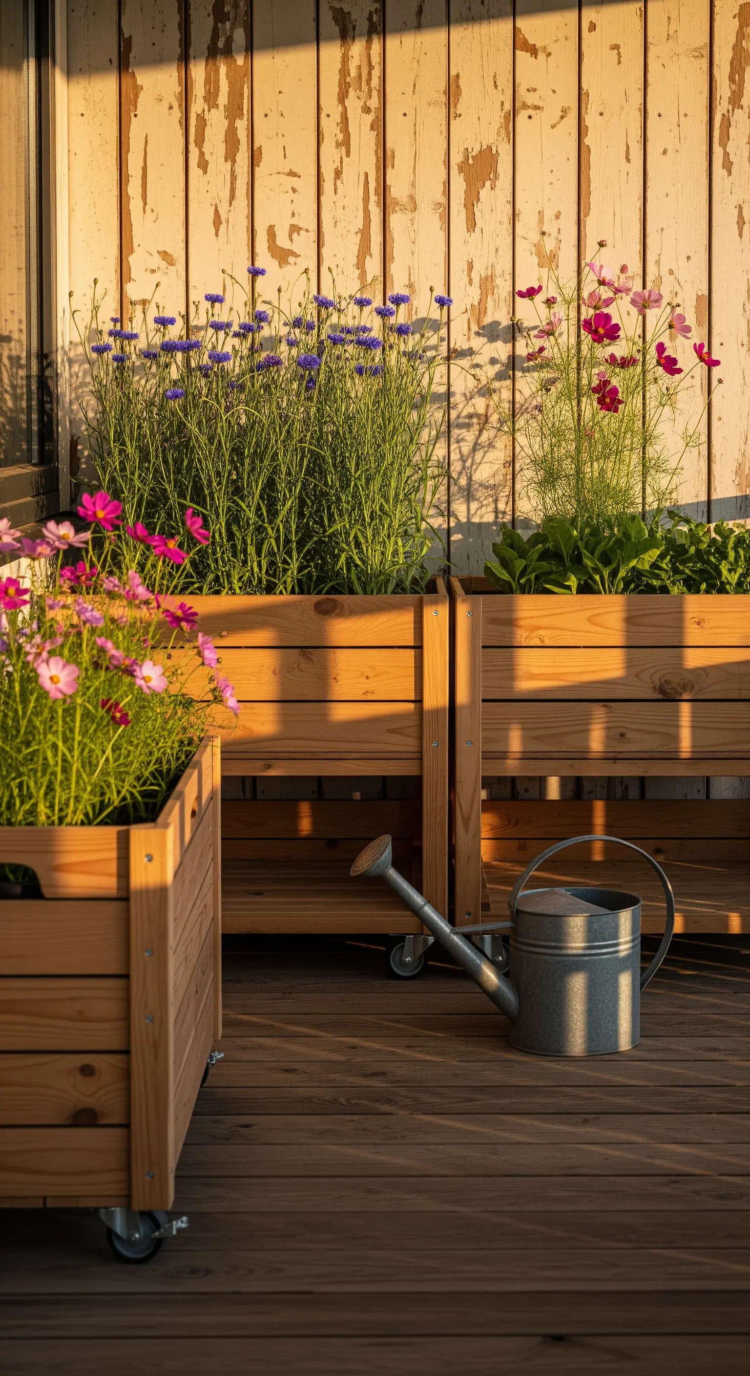 Grandi fioriere in legno con ruote e fiori di campo, illuminate dalla luce del tramonto.