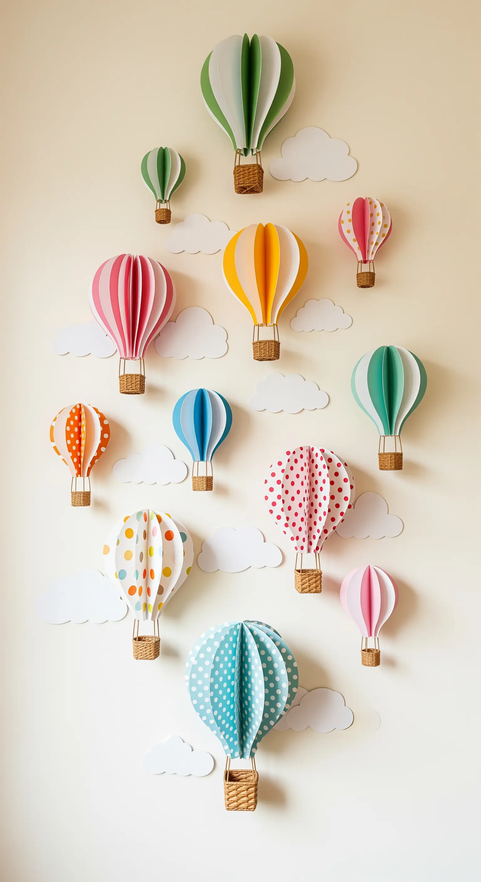 Decorazione murale per cameretta con tante piccole mongolfiere di carta colorata e nuvole bianche.