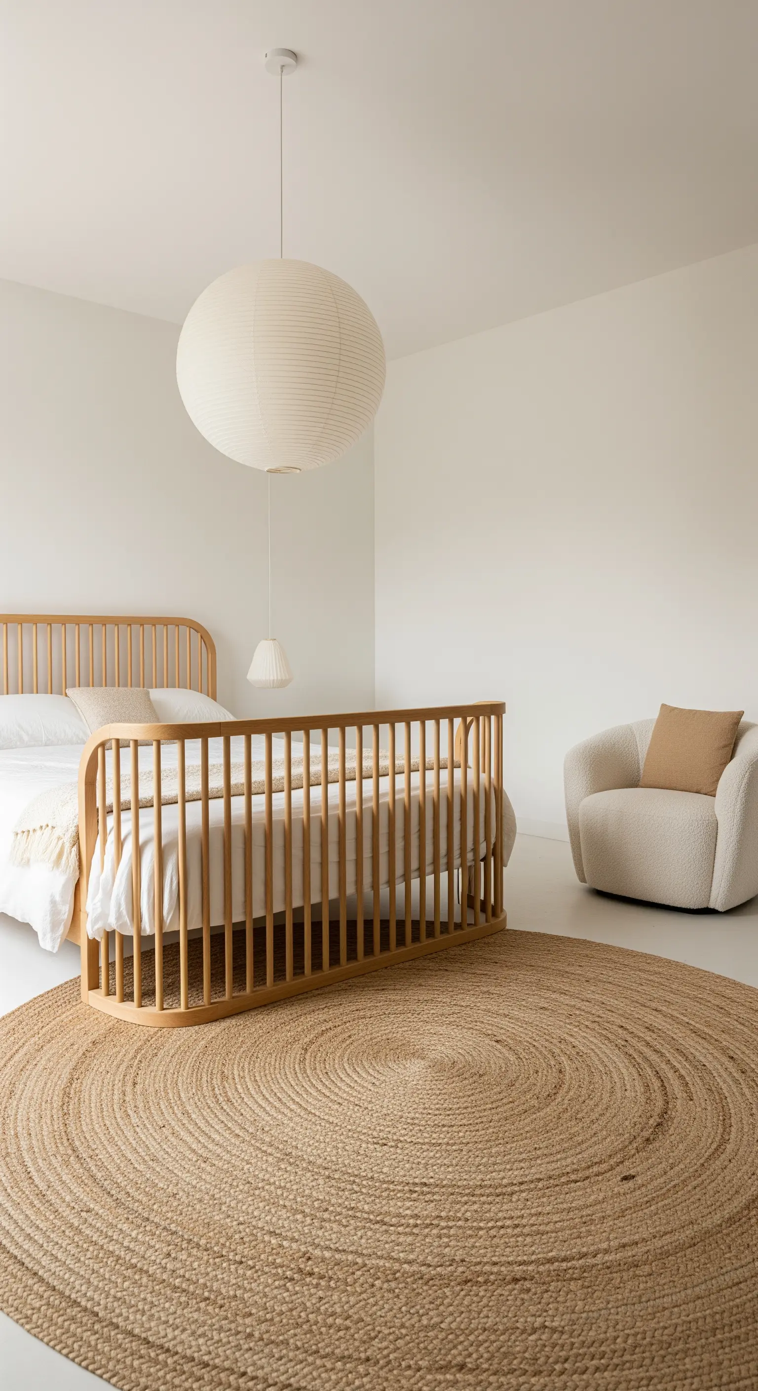 Letto in legno chiaro con sponde arrotondate e tappeto rotondo in juta.