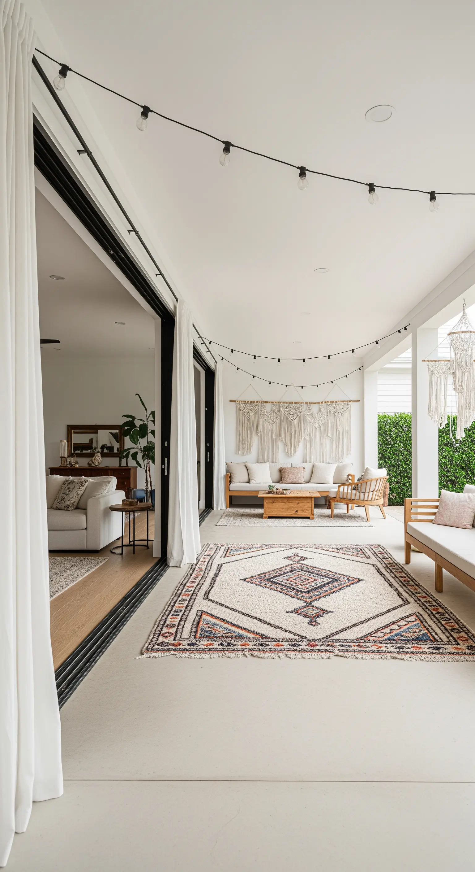 Veranda che si apre sul soggiorno, con arredi coordinati, tappeto etnico e tende.