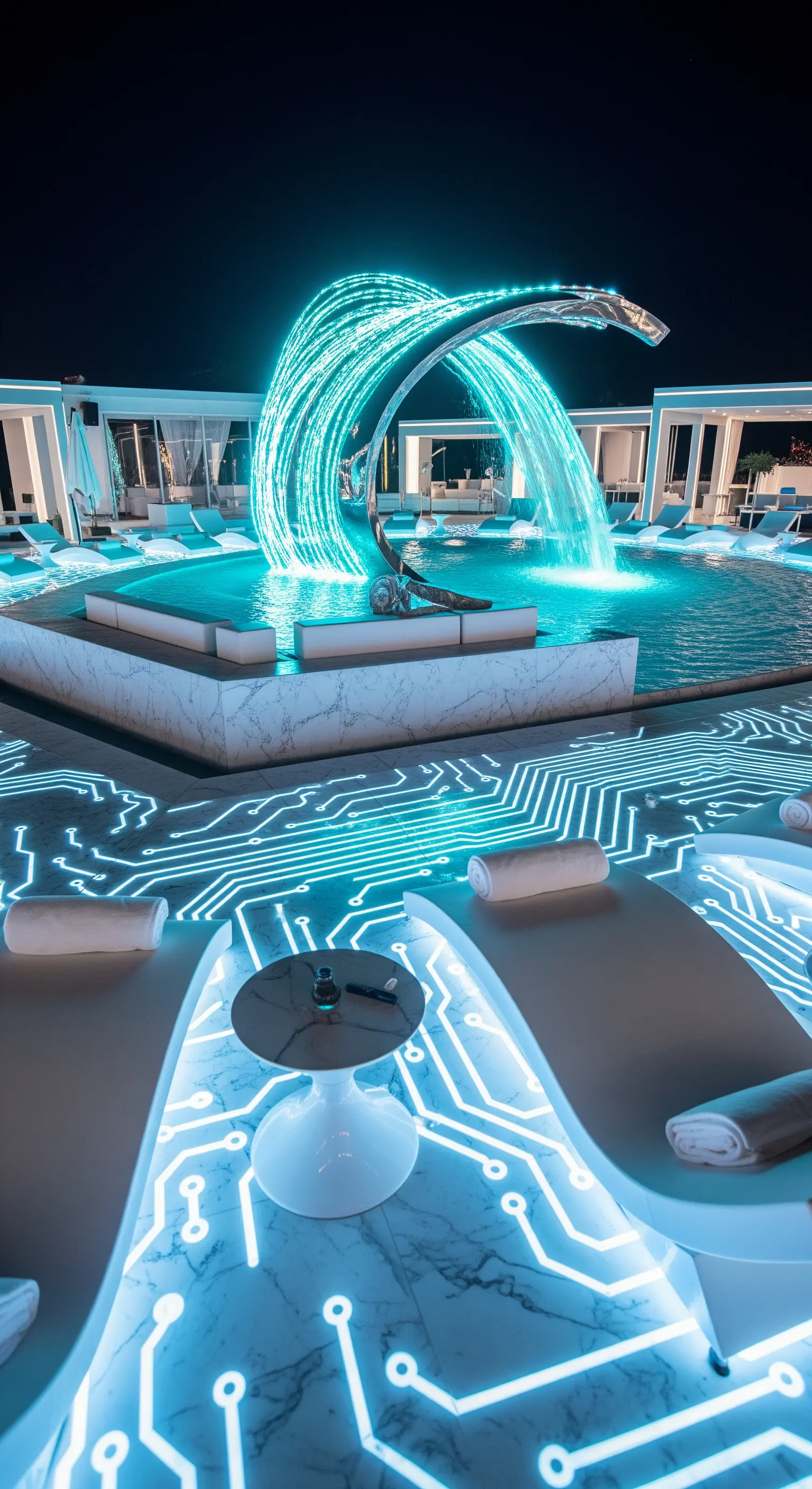 Bordo piscina di lusso con illuminazione a pavimento che disegna un circuito elettronico.
