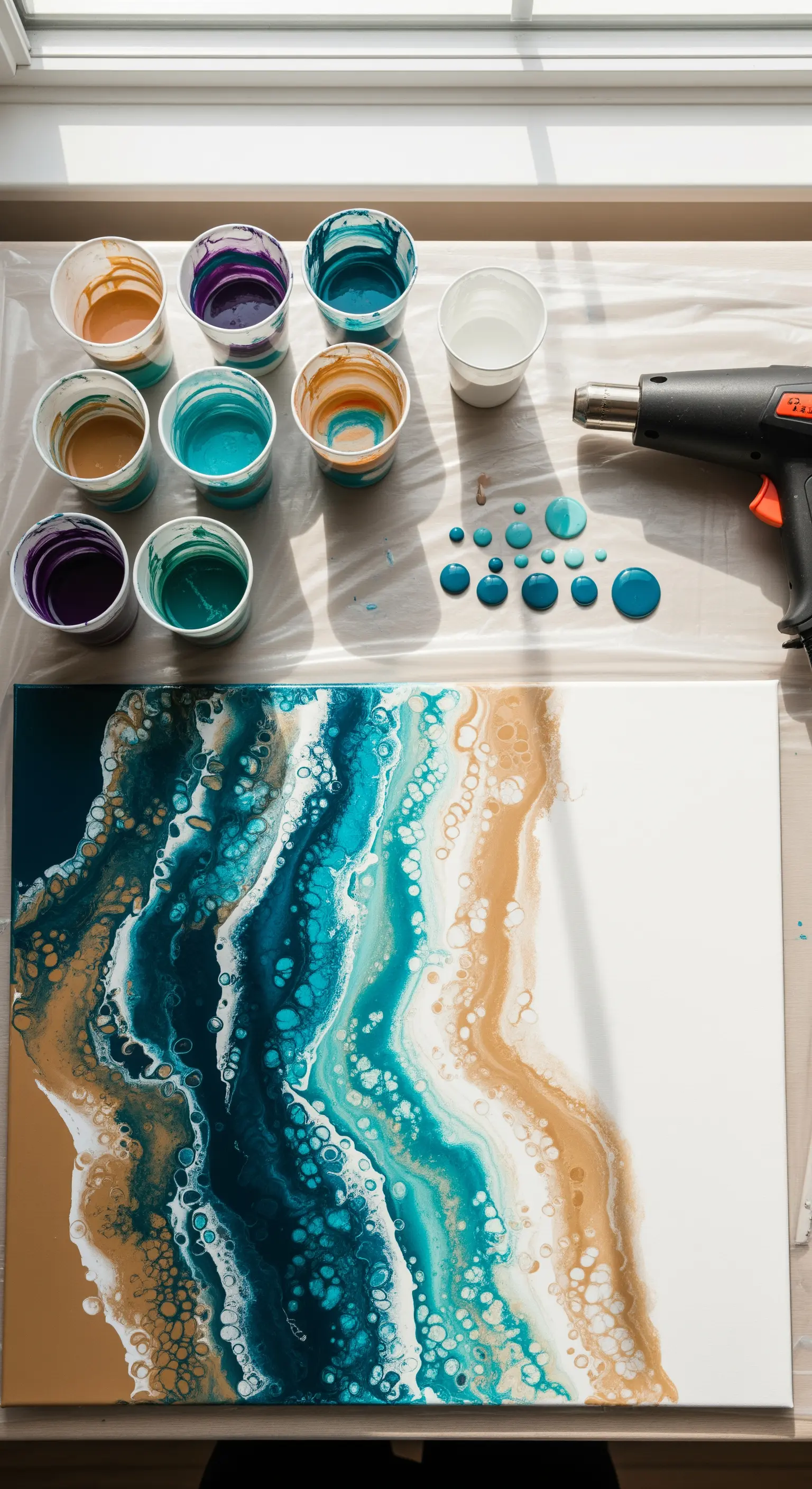 Tecnica di pittura fluida (acrylic pouring) con colori acrilici e pistola termica.