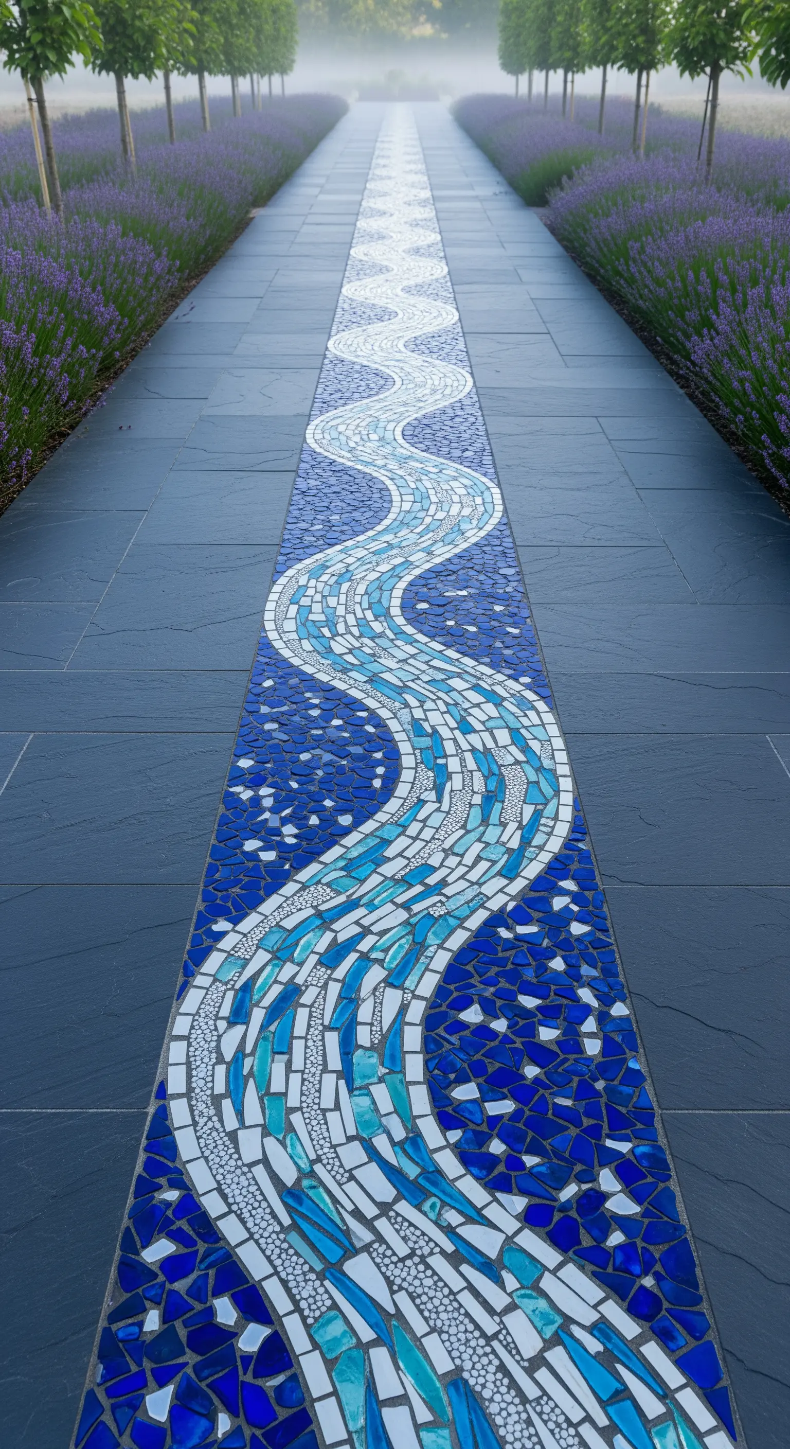 Lungo sentiero in ardesia con un mosaico centrale sinuoso che ricorda un fiume blu.