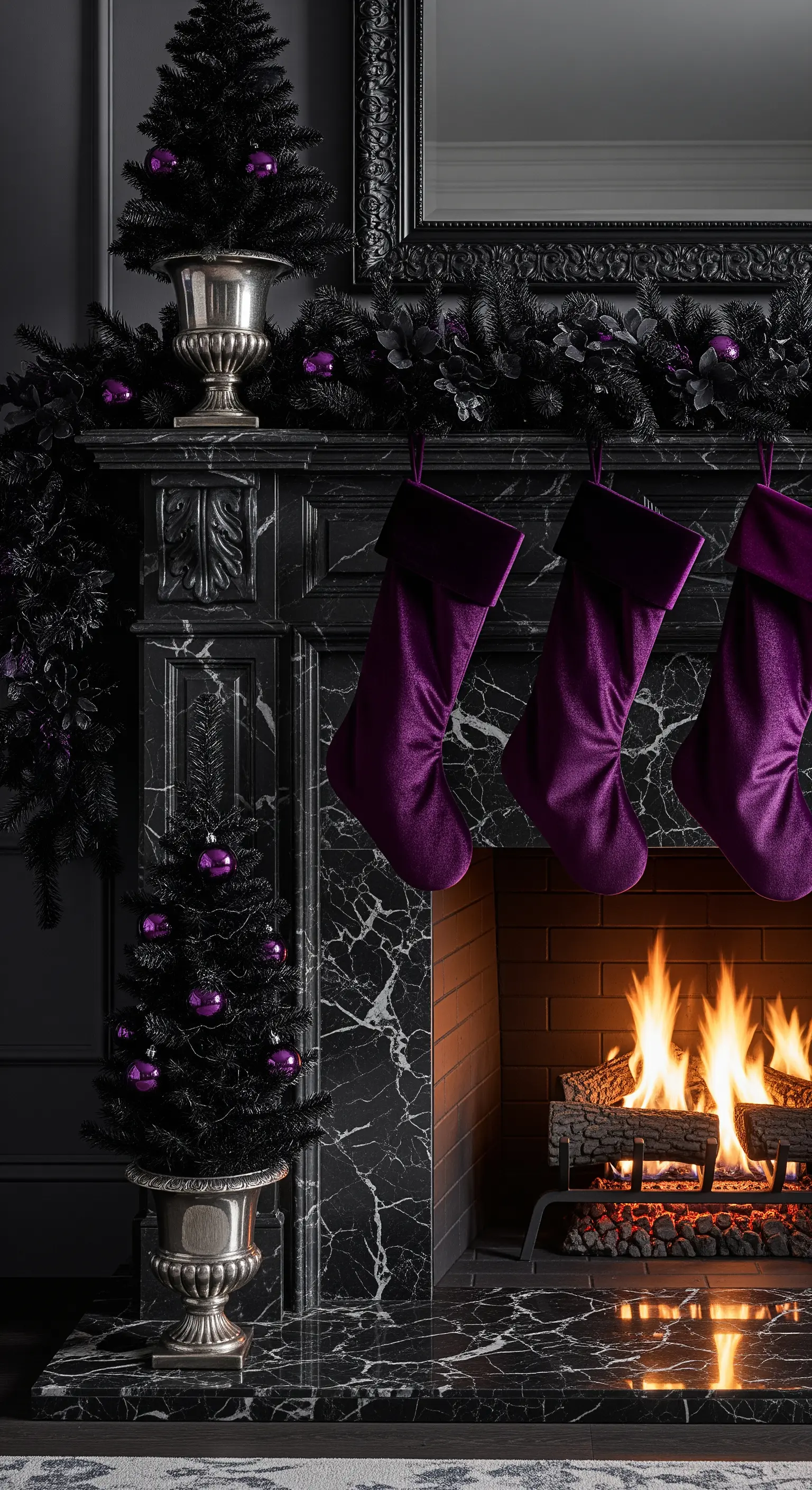 Camino in marmo nero con calze di velluto viola e decorazioni nere.