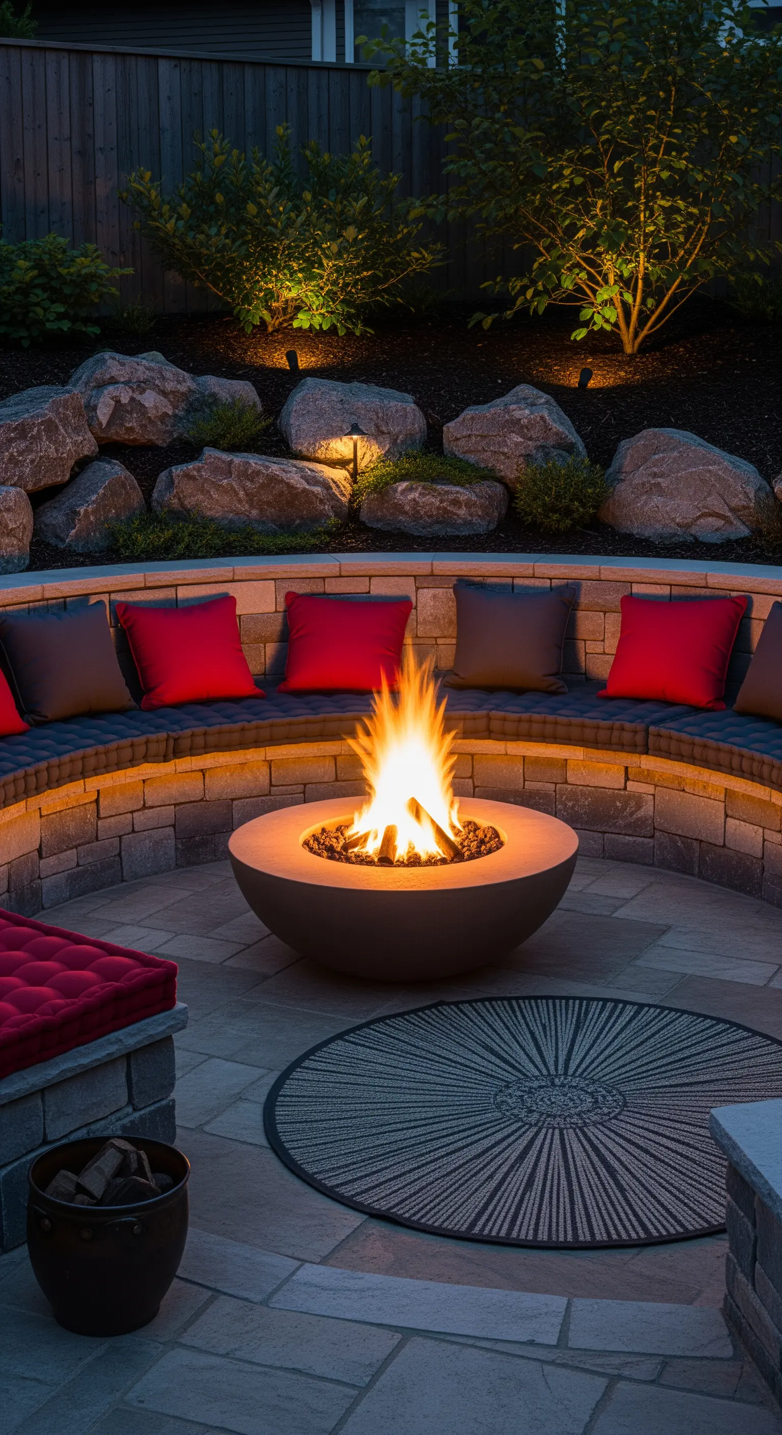 Area conversazione circolare in pietra con braciere centrale e cuscini rossi e neri.