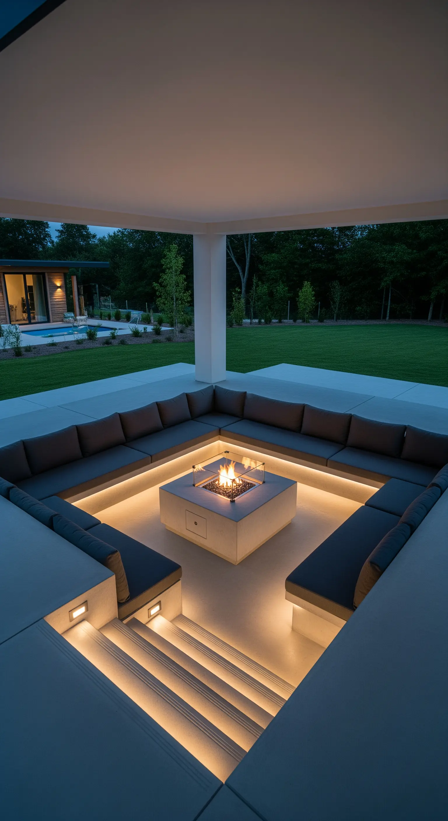 Salotto esterno incassato nel pavimento in cemento, con braciere centrale e luci a LED integrate