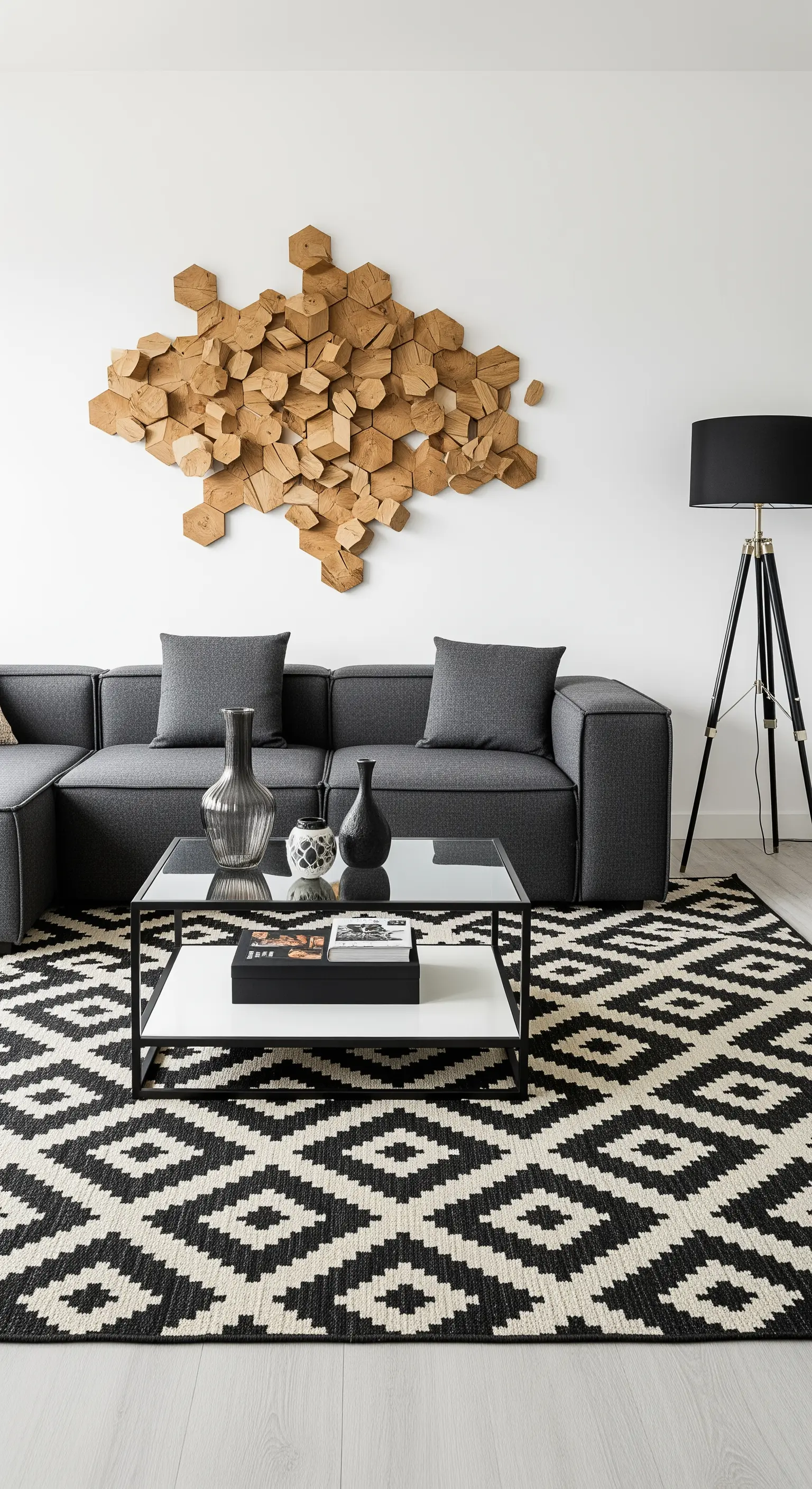Soggiorno con divano grigio, tappeto geometrico e un'opera d'arte 3D in legno sulla parete.