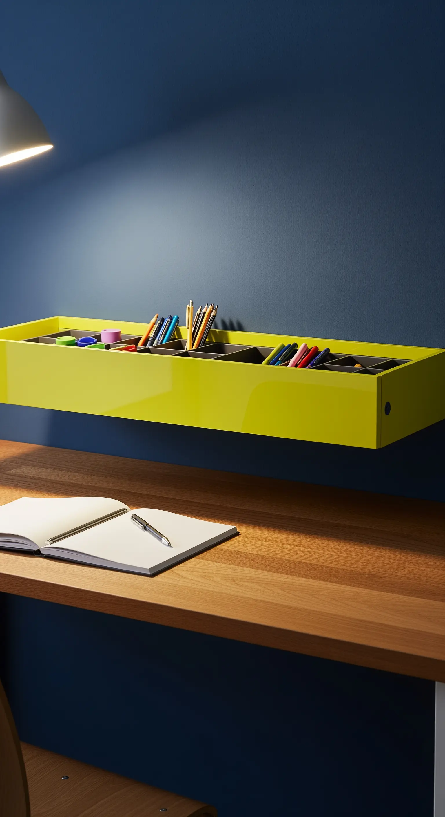Mensola-cassetto giallo lime, con divisori interni per cancelleria, montata su una parete blu.