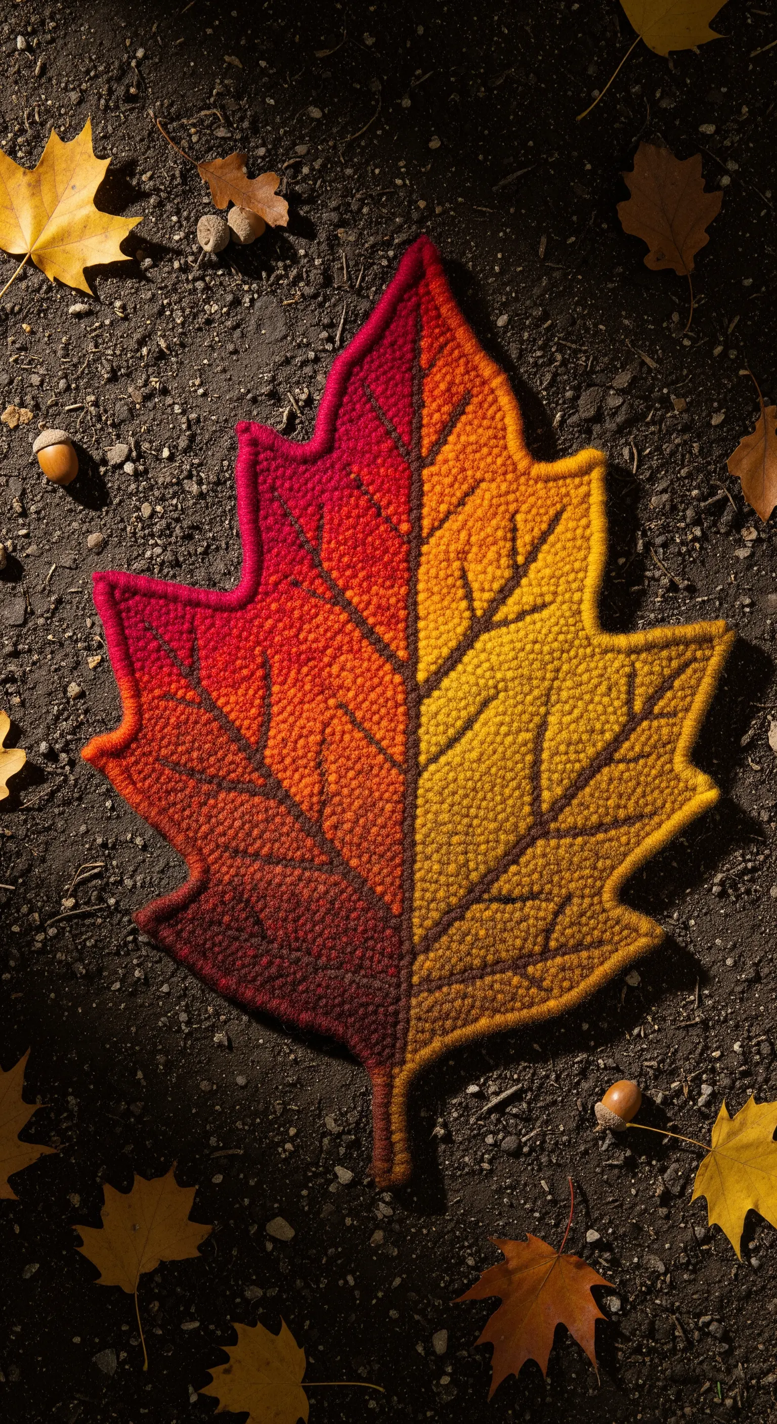 Tappeto a forma di foglia d'acero con colori sfumati dal rosso al giallo, su un fondo scuro.