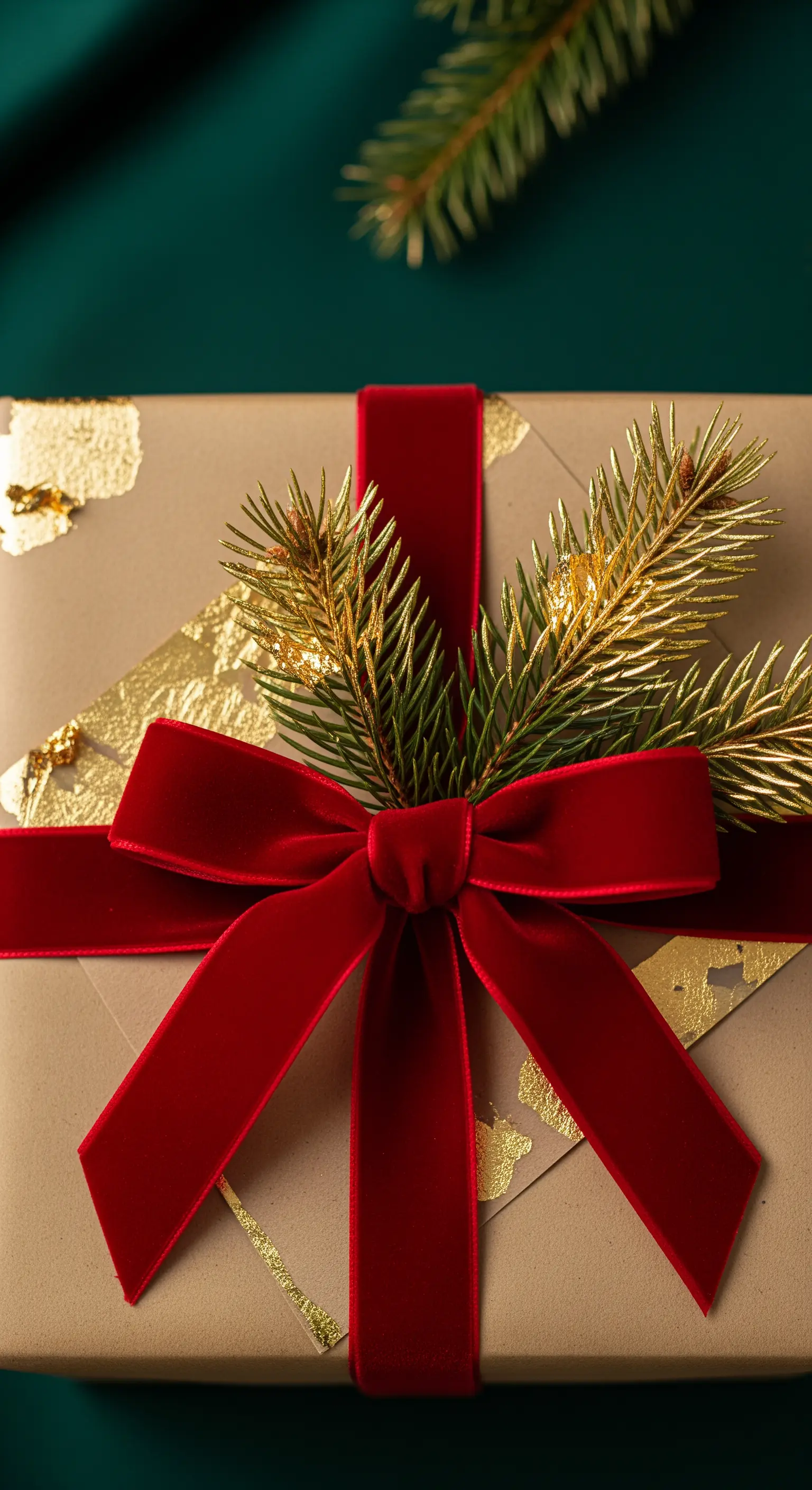 Pacchetto regalo con fiocco di velluto rosso e dettagli irregolari in foglia d'oro.