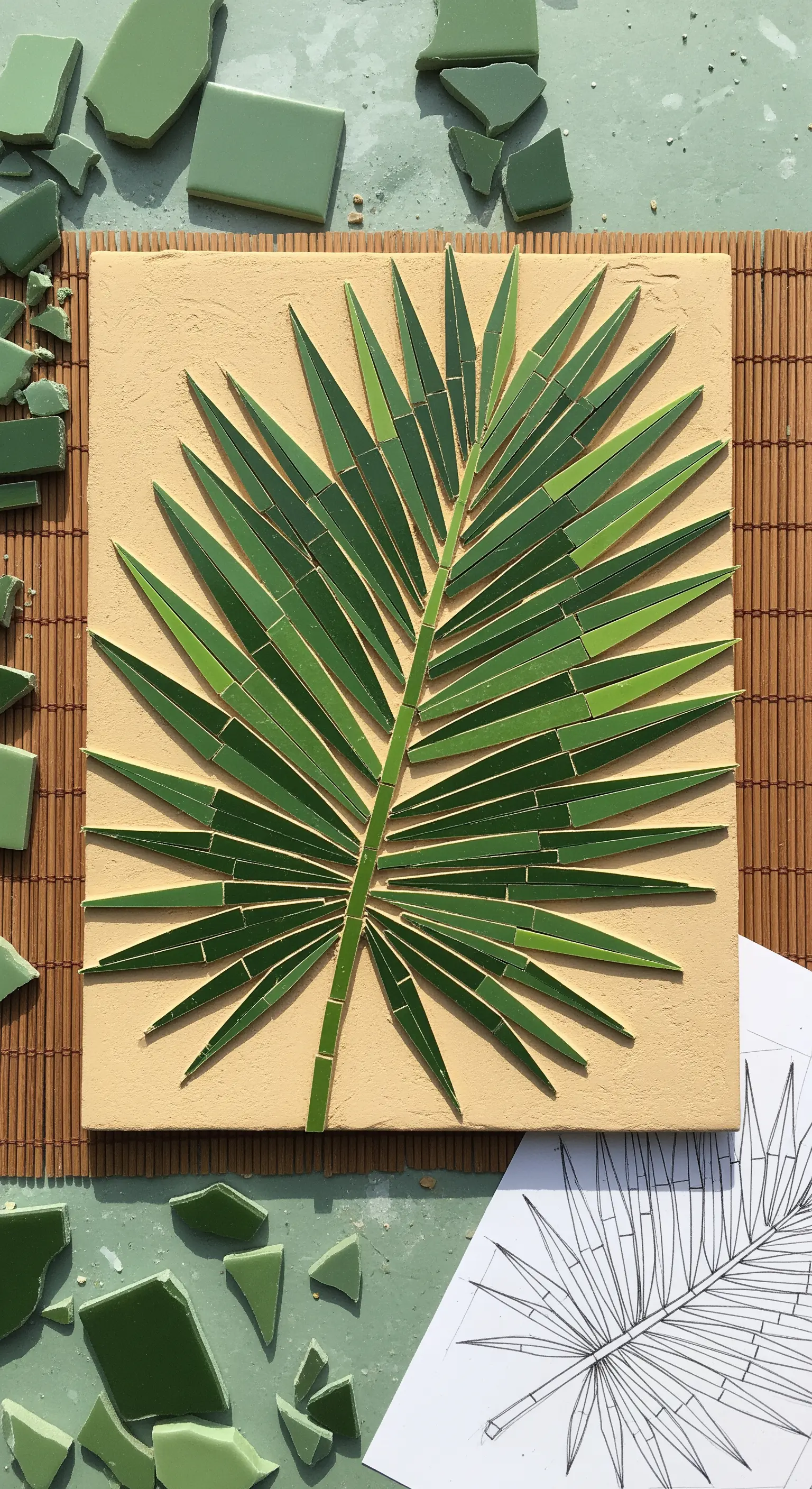 Mosaico di una foglia di palma verde su una base color sabbia, con un disegno preparatorio accanto.