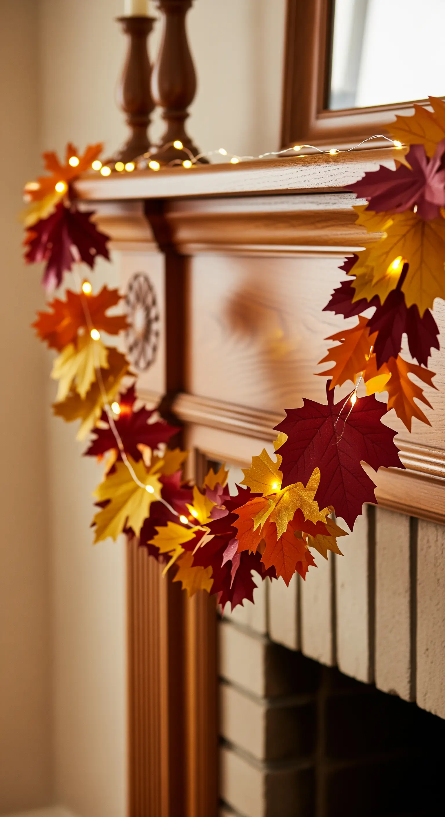 Ghirlanda di foglie d'acero di carta in colori autunnali con luci, adagiata su un camino in legno.