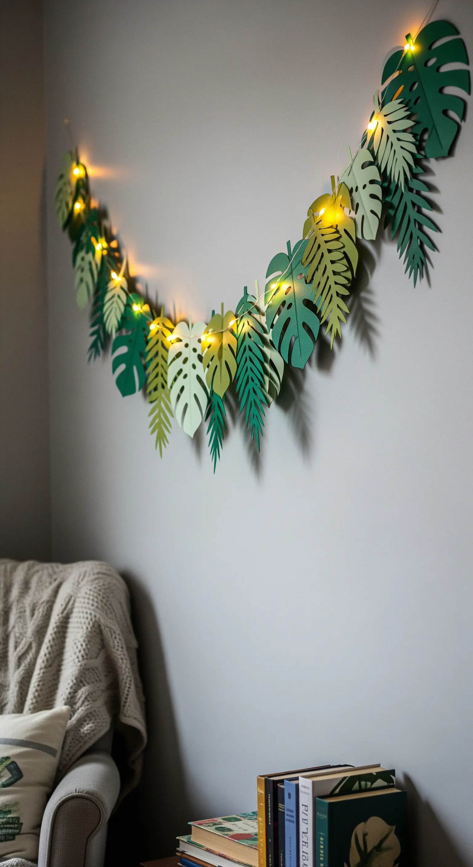 Ghirlanda di foglie di Monstera in carta verde con lucine calde appesa a una parete grigia.