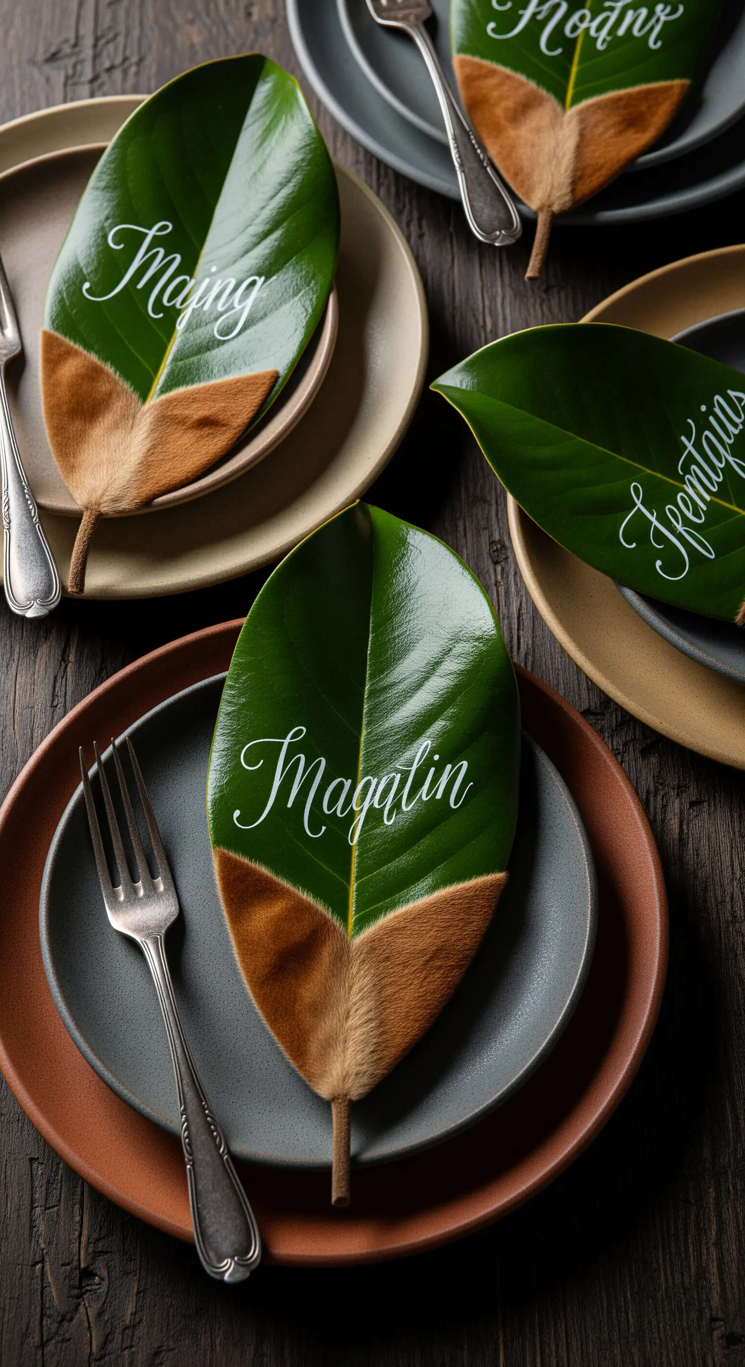 Nomi scritti in calligrafia bianca su grandi foglie di magnolia usate come segnaposto.