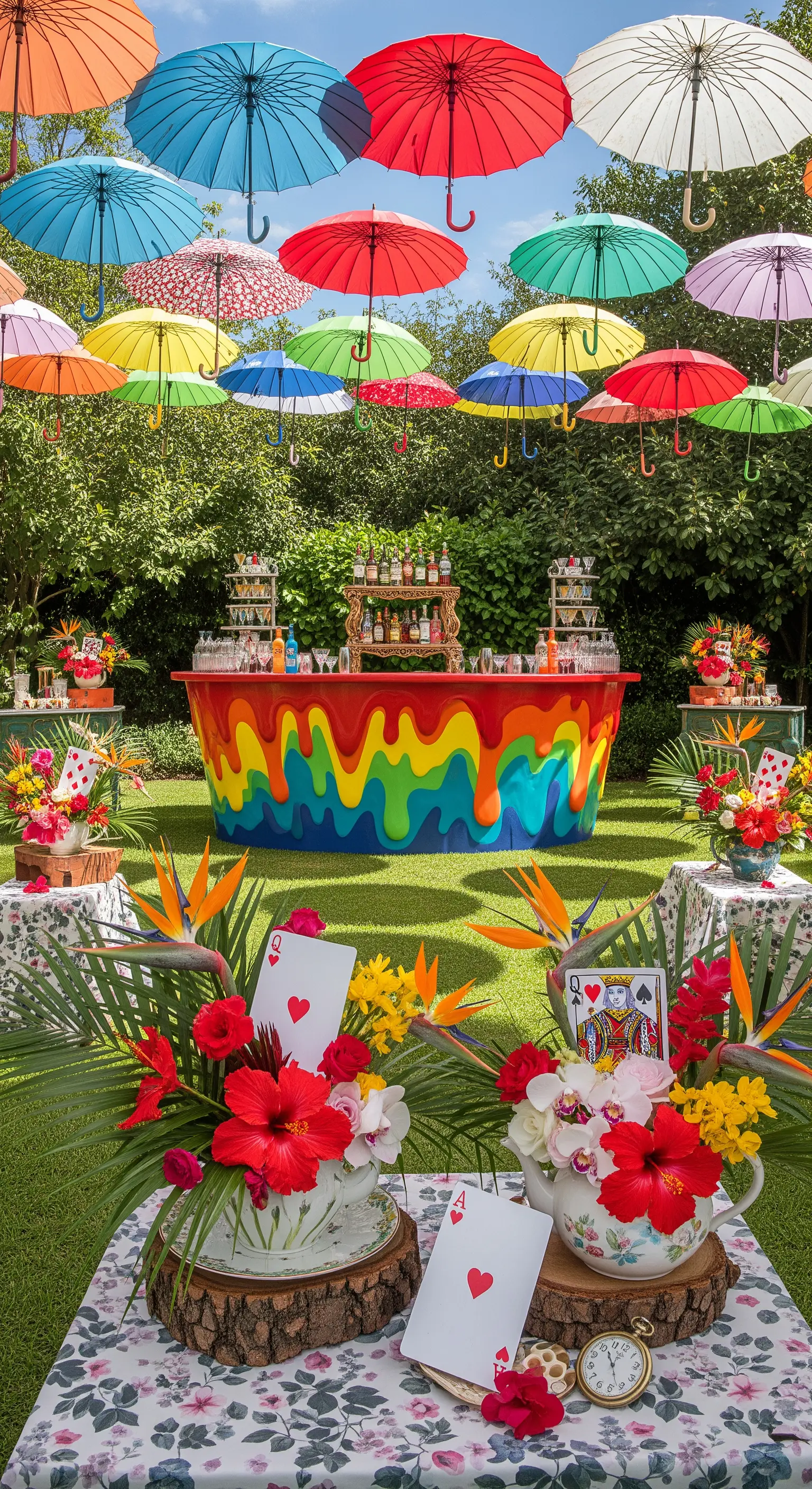 Garden party a tema Alice nel Paese delle Meraviglie con bar e ombrelli colorati