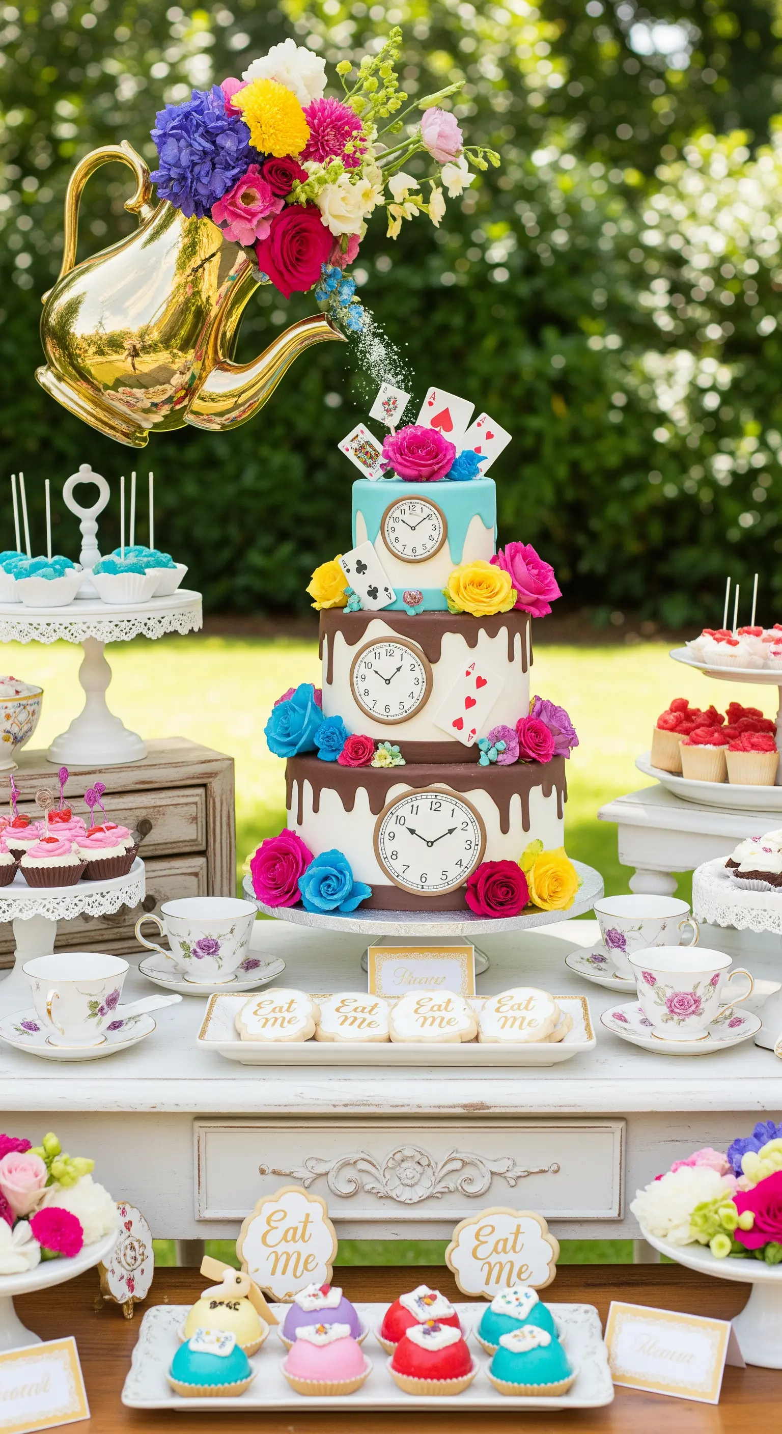 Sweet table a tema Alice nel Paese delle Meraviglie con torta colorata, orologi e teiera.