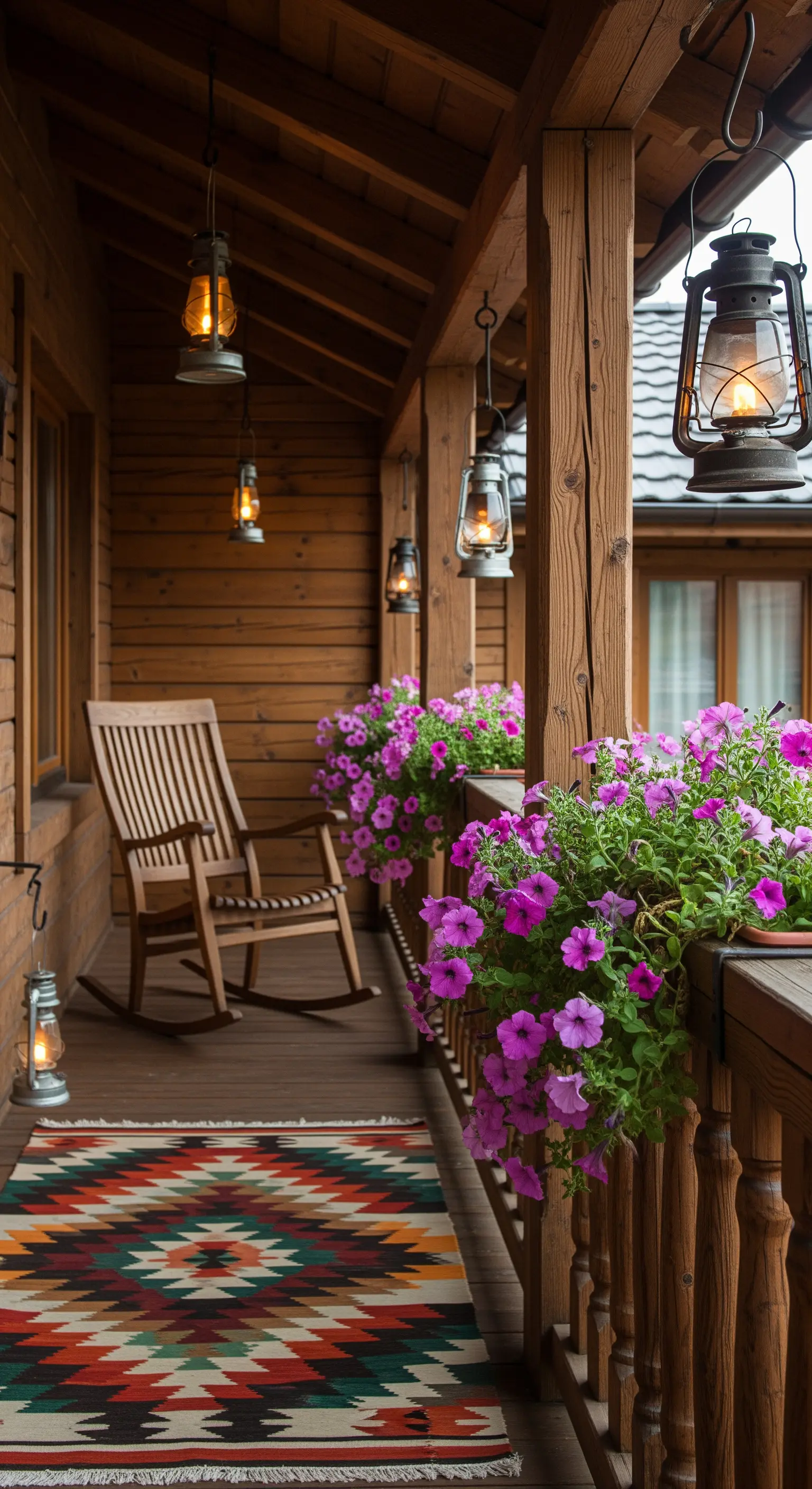 Portico in legno con sedia a dondolo, kilim geometrico colorato e lanterne a olio.