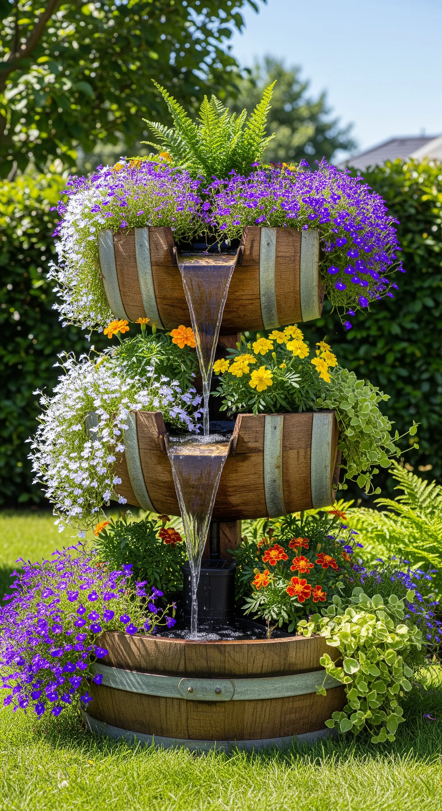 Fontana a cascata a tre livelli realizzata con mezze botti di vino e fiori colorati.
