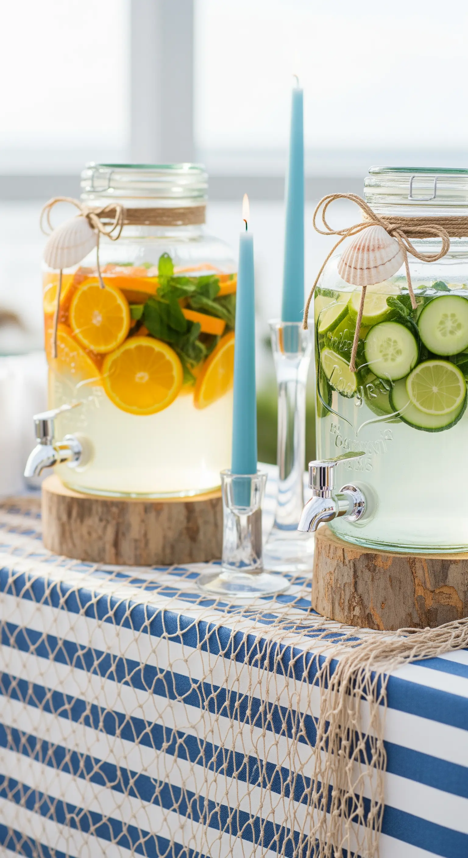 Stazione bevande con dispenser di vetro su tronchi, decorati con conchiglie